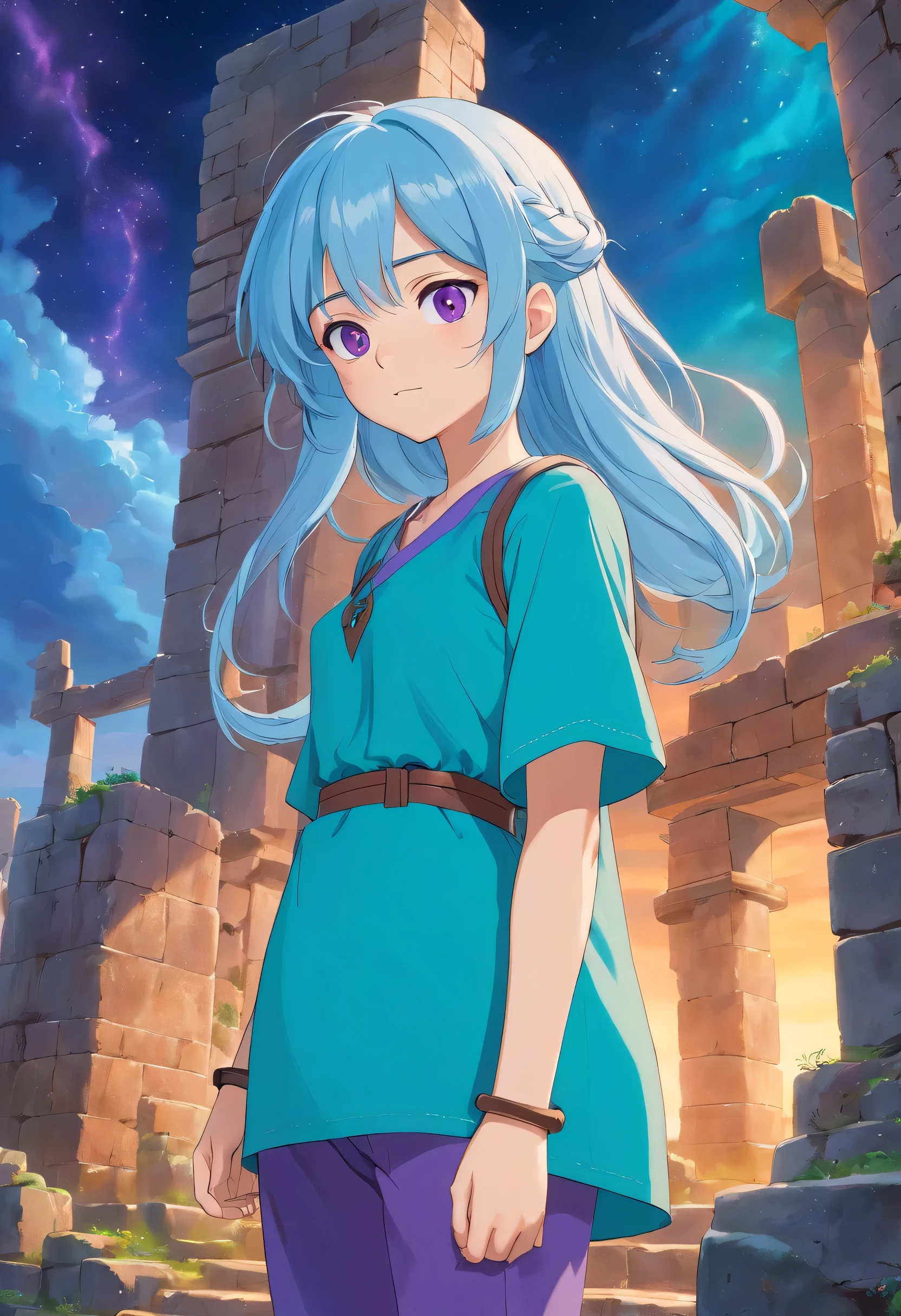 Masterpiece. High-resolution. (1girl) about 20 years old. Pretty beautiful girl. Standing pose. Imposing. Pretty big purple eyes. Delicate face. ((Long light blue hair)). Straight hair. Messy hair. Hair bangs. Hair blowing in the wind. ((Turquoise tunic)). ((Purple tide pants)). Leather boots. Greek ruins background with cosmic skies.