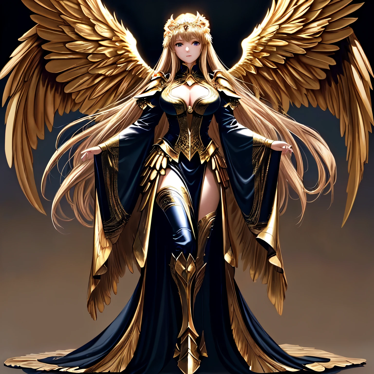 (masterpiece), (best quality), (high detail), nsfw, best quality, extremely beautiful, beautiful face, angel woman, 2 huge golden wing, revealing armor with open front skirt, very long dark hair