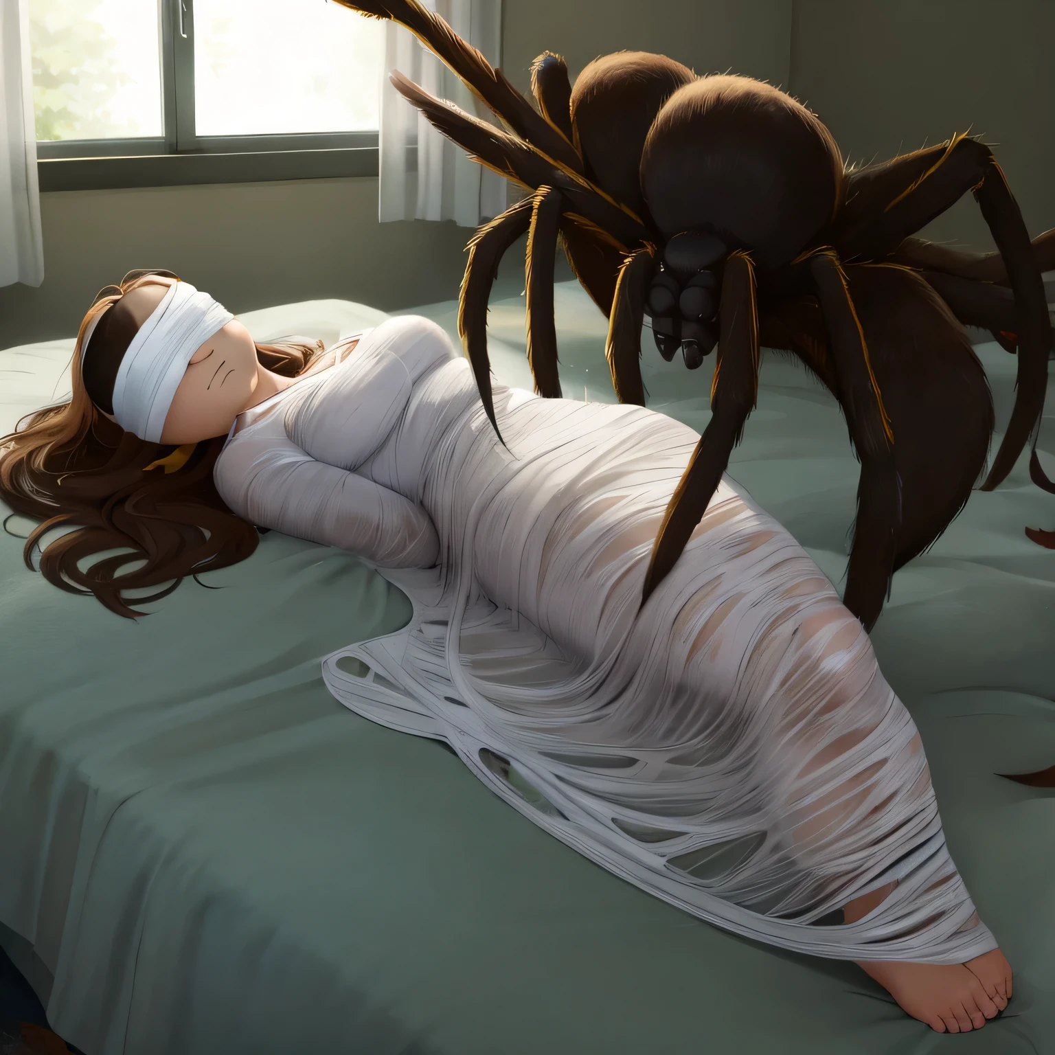 1girl,Spider weaves a net on a girl, very realistic, very detailed,bed,stretched, abandoned school, struggle in the net,brown haired, very long sheer skirt,lying down,(blindfold:1.4),