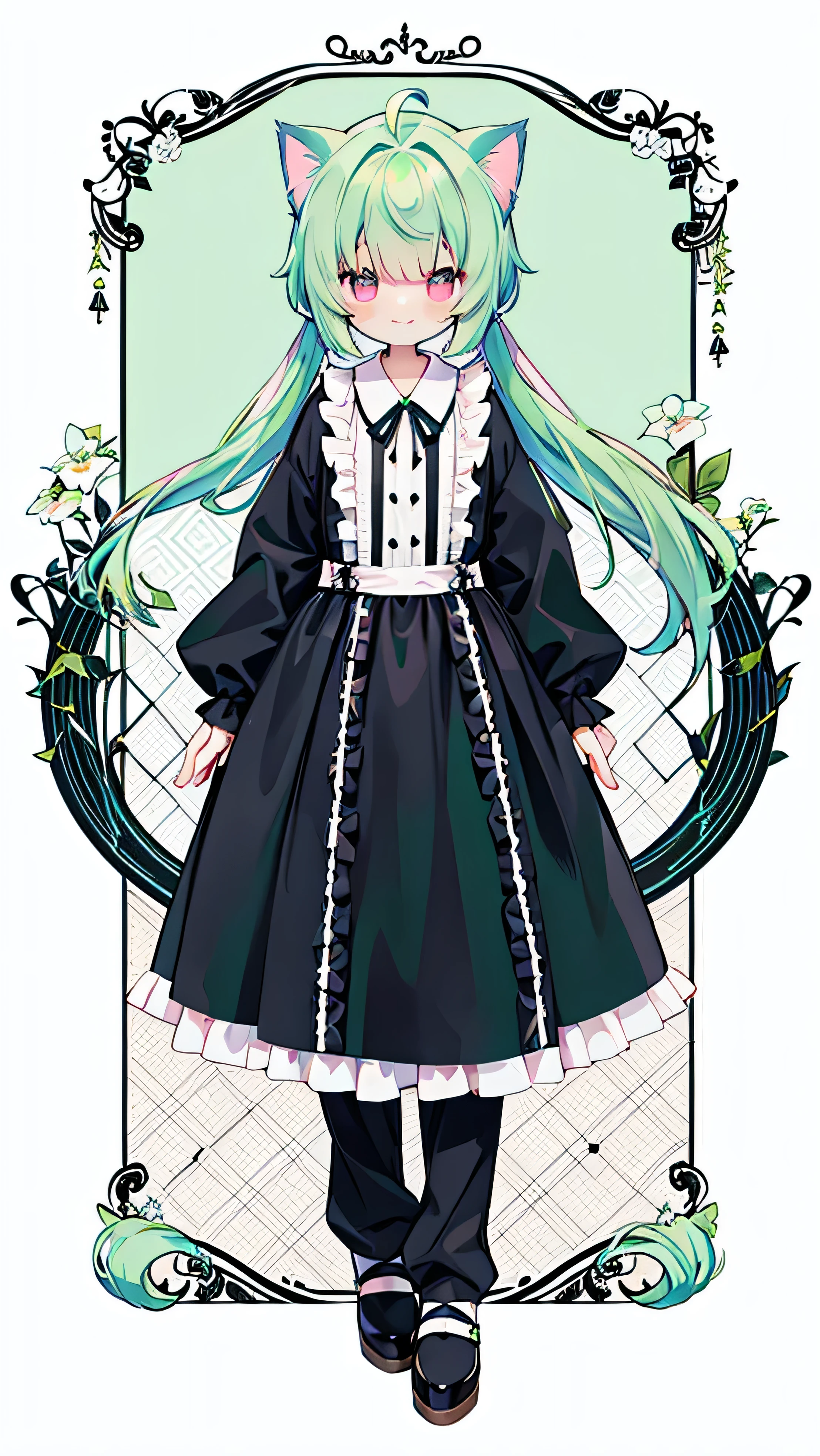 alone、beautiful young man、Cat ear、hair color with mesh on green hair、high ponytail、ribbon、boyish、smile、pink eyes、long hair、nice、Ahoge、Black Lolita Clothes、pants style、manly、tall、slanted eyes