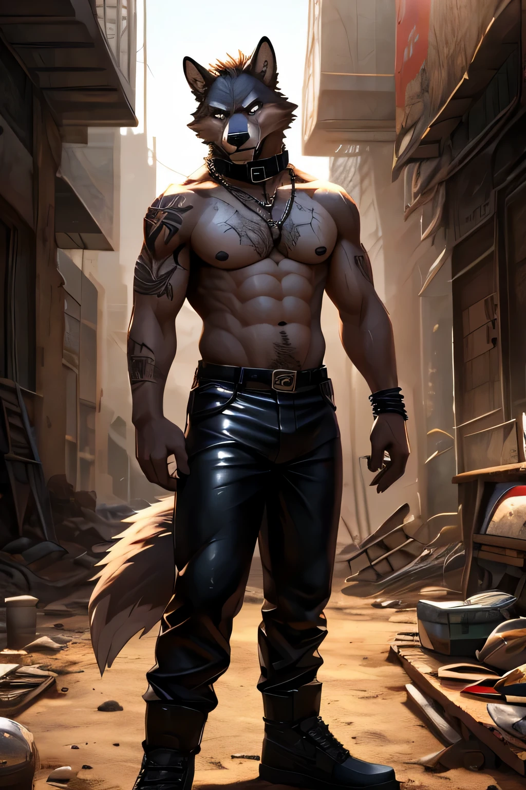 Masterpieces, furry, male, Anthropomorphic, wolf, veiny, slender body type, Delicate eyes, goatee, grizzled fur, white underbelly, glistening body, thug, wasteland thug, tan skin, dirty, depth of field, perfect lighting, (best quality),(masterpiece),(ultra detailed), sharp focus, detailed wasteland background, shirtless, huge and succulent black nipples, fierce look, scars, veiny calves, black collar, tattoo, glossy oiled up skin, sweating, wet, black latex pants