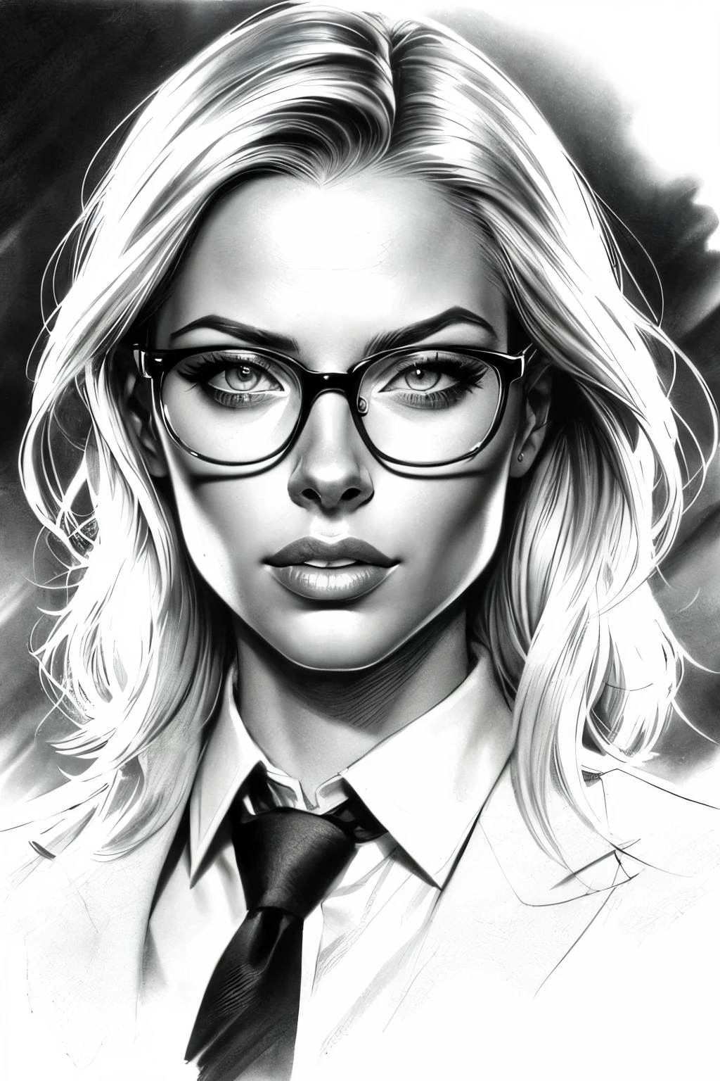 a black and white drawing of a woman with glasses and a tie, art of alessandro pautasso, air brush illustration, epic portrait illustration, monochromatic airbrush painting, high quality sketch art, Mr. Károly Lotz, arte vetor preto e branco, high quality sketch, portrait illustration, black and white illustration, digital art with airbrush, epic pencil illustration