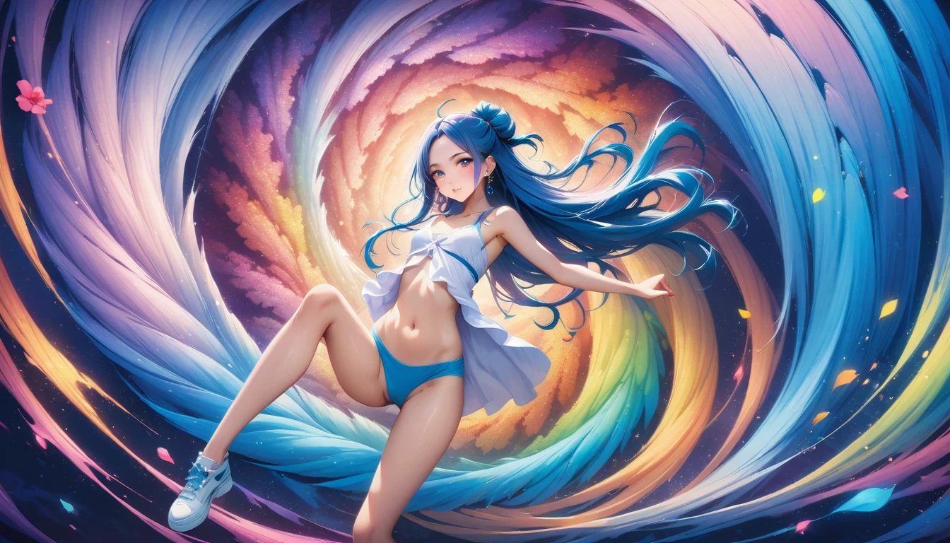 masterpiece, highest quality, highest quality,neon official art, anime style, (Aisha Hanabi), blue hair, mole under eye、very detailed,(fractal art:1.5),(colorful:1.3)(flowers:1.5),most detailed,(tangled:1.2), (dynamic pose), (neon abstract background:1.3), (shiny skin), (lots of colors:1.4), ,(earrings:1.4), neon ,full body、beautiful face、detailed face、perfect proportions、flat chested、thin waist、navel、gap between crotches、thighs、long legs、
