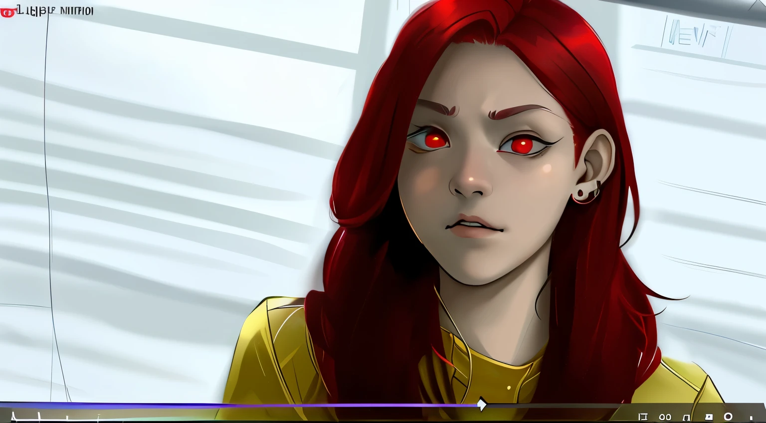 16 year old girl red hair red eyes is listening to someone has a malicious evil look