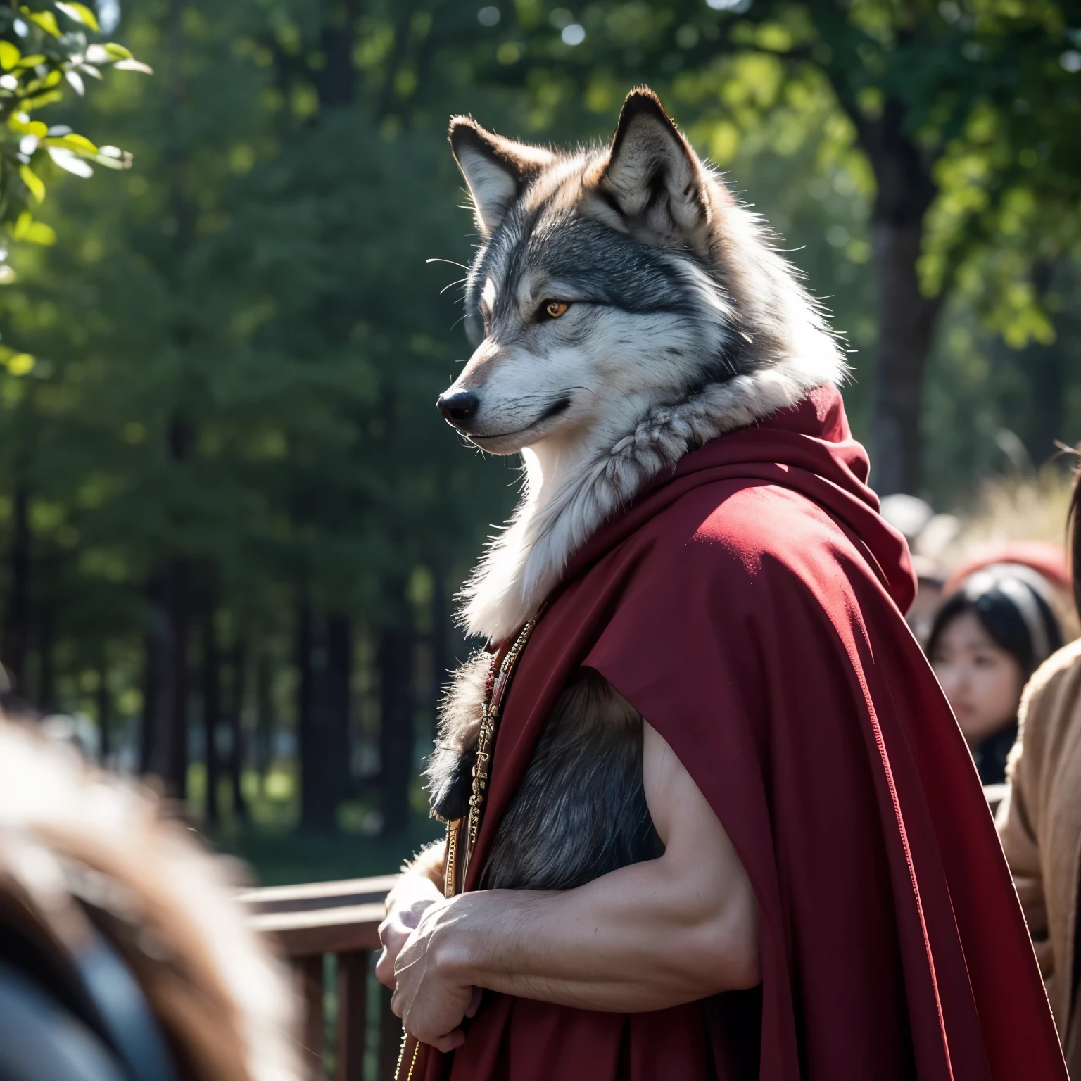 a scene from the movie, depth of field, motion blur, Ridiculous, looking at the audience, (best quality), (masterpiece), (Super detailed), sharp focus, Negi, eyes, black eyes, hairy, alone, light white fur, brown fur, black beard, close face, Profile picture, arms crossed, blink, Smile, Humanity (Wolf), male, (Wolf), middle aged, muscular, knight clothing, red cherry long cloak, Super detailed face