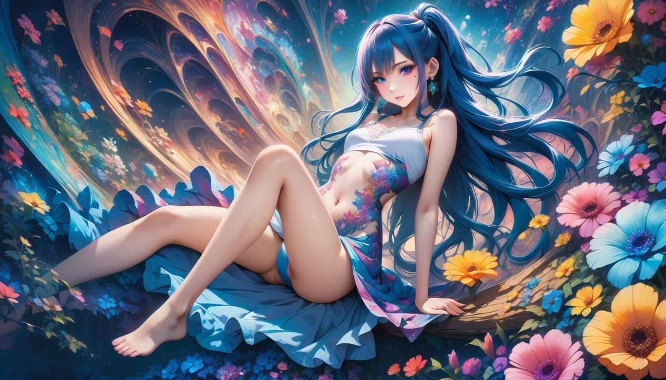 masterpiece, highest quality, highest quality,neon official art, anime style, (Aisha Hanabi), blue hair, mole under eye、very detailed,(fractal art:1.5),(dark tones),(flowers:1.5),most detailed,(tangled:1.2), (dynamic pose), (neon abstract background:1.3), (shiny skin), (lots of colors:1.4), ,(earrings:1.4), neon ,full body、beautiful face、detailed face、perfect proportions、flat chested、thin waist、navel、gap between crotches、thighs、long legs、