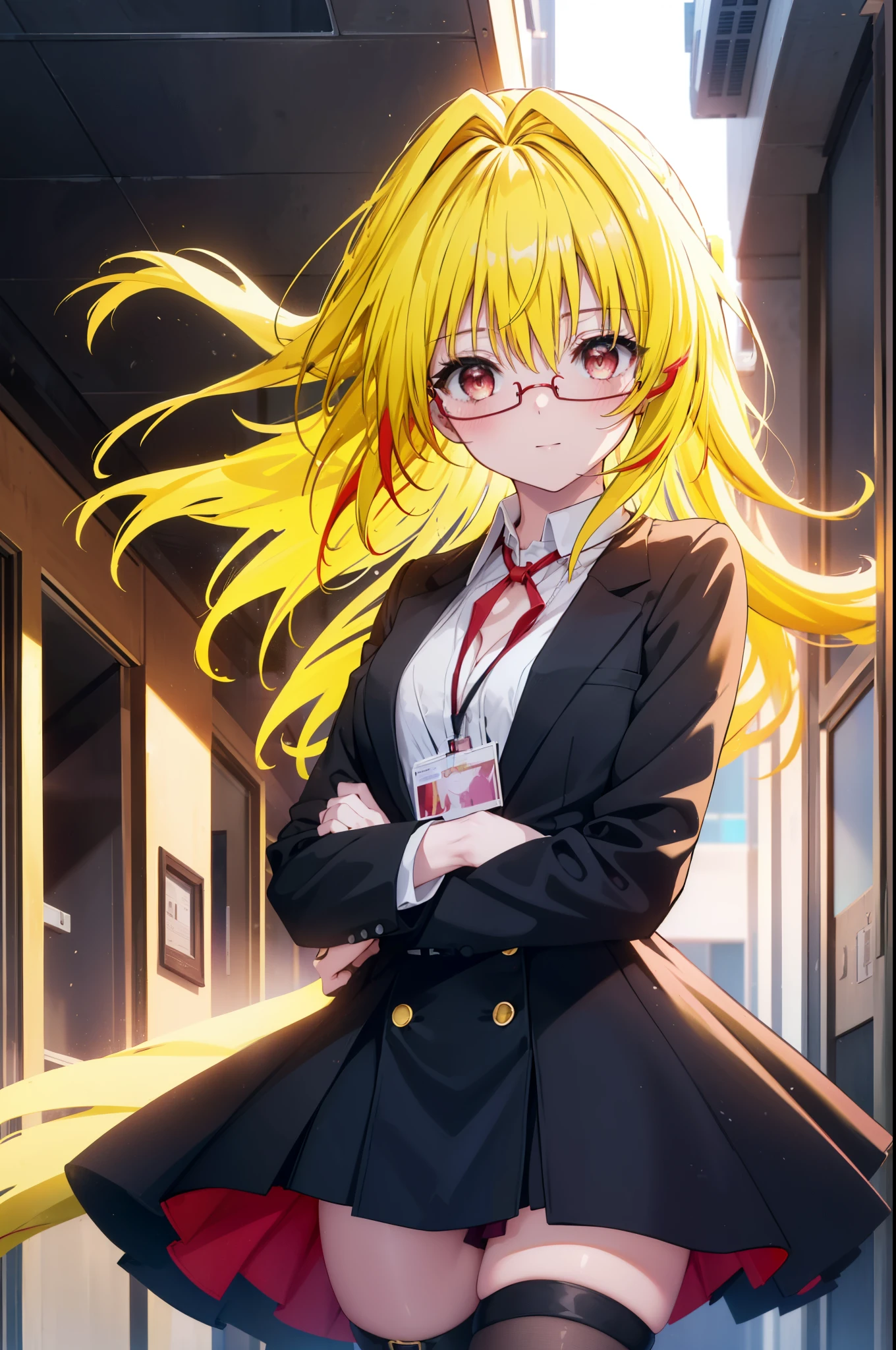 toloverumy, my, (yellow hair:1.5), long hair,low ponytail, (red eyes:1.5), smile,blush,OL, red glasses, end, black suit jacket, collared jacket, white dress shirt, collared shirt, neckline, button, strap, ID card on neck,black pantyhose,stiletto heels,cleavage cutout,So that the whole body goes into the illustration,
break indoors, School corridor,
break looking at viewer, (cowboy shot:1.5),
break (masterpiece:1.2), highest quality, High resolution, unity 8k wallpaper, (figure:0.8), (detailed and beautiful eyes:1.6), highly detailed face, perfect lighting, Very detailed CG, (perfect hands, perfect anatomy),