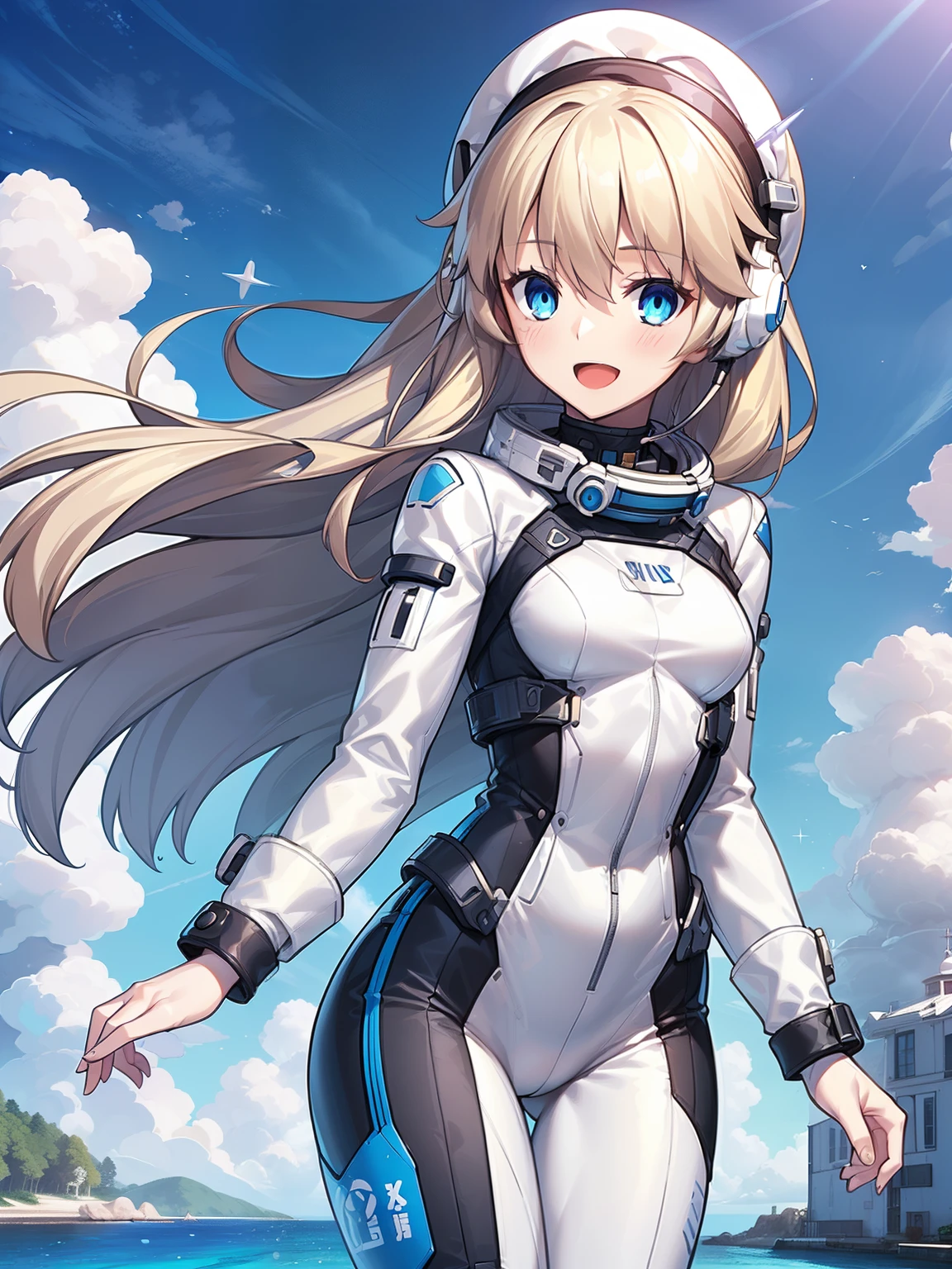 1 girl, alone, chest, looking at the viewer, blush, smile, long hair, bangs, large chest, blonde long hair, long sleeve, blue eyes, headphone,beret,:d, body suit, b space, white body suit, blue sky,Ocean,summer,Wind:1.3,, space suit break 