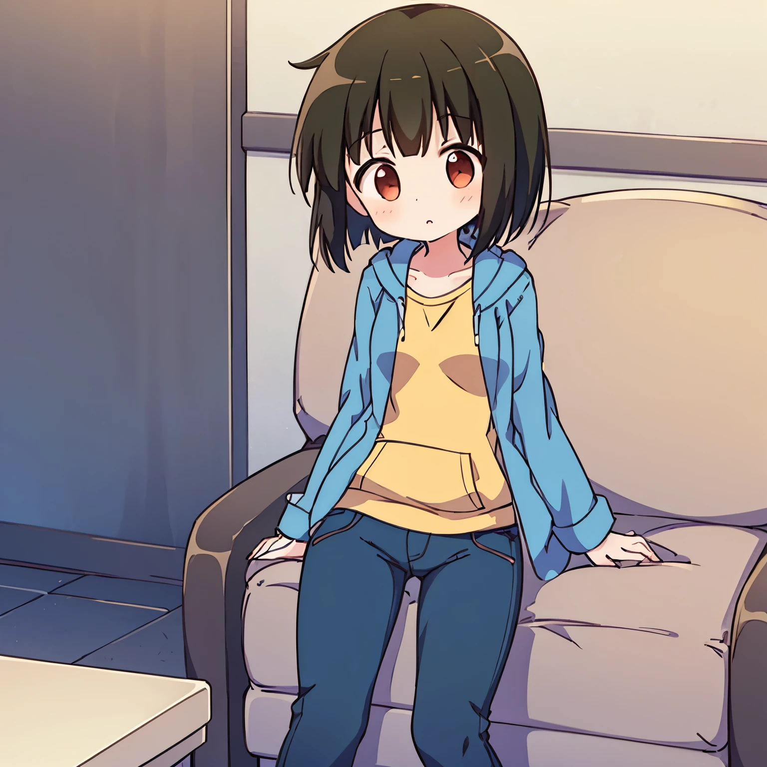 1 girl, wearing green-blue vest,hoodie, jeans pants لطيفة، with blackcat، وضعية ظريفة,
