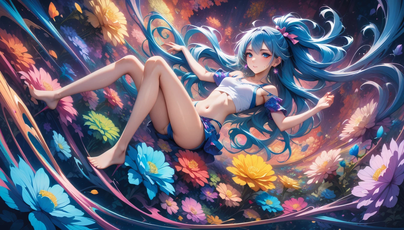 masterpiece, highest quality, highest quality,neon official art, anime style, (Aisha Hanabi), blue hair, mole under eye、very detailed,(fractal art:1.5),(dark tones),(flowers:1.5),most detailed,(tangled:1.2), (dynamic pose), (neon abstract background:1.3), (shiny skin), (lots of colors:1.4), ,(earrings:1.4), neon ,full body、beautiful face、detailed face、perfect proportions、flat chested、thin waist、navel、gap between crotches、thighs、long legs、