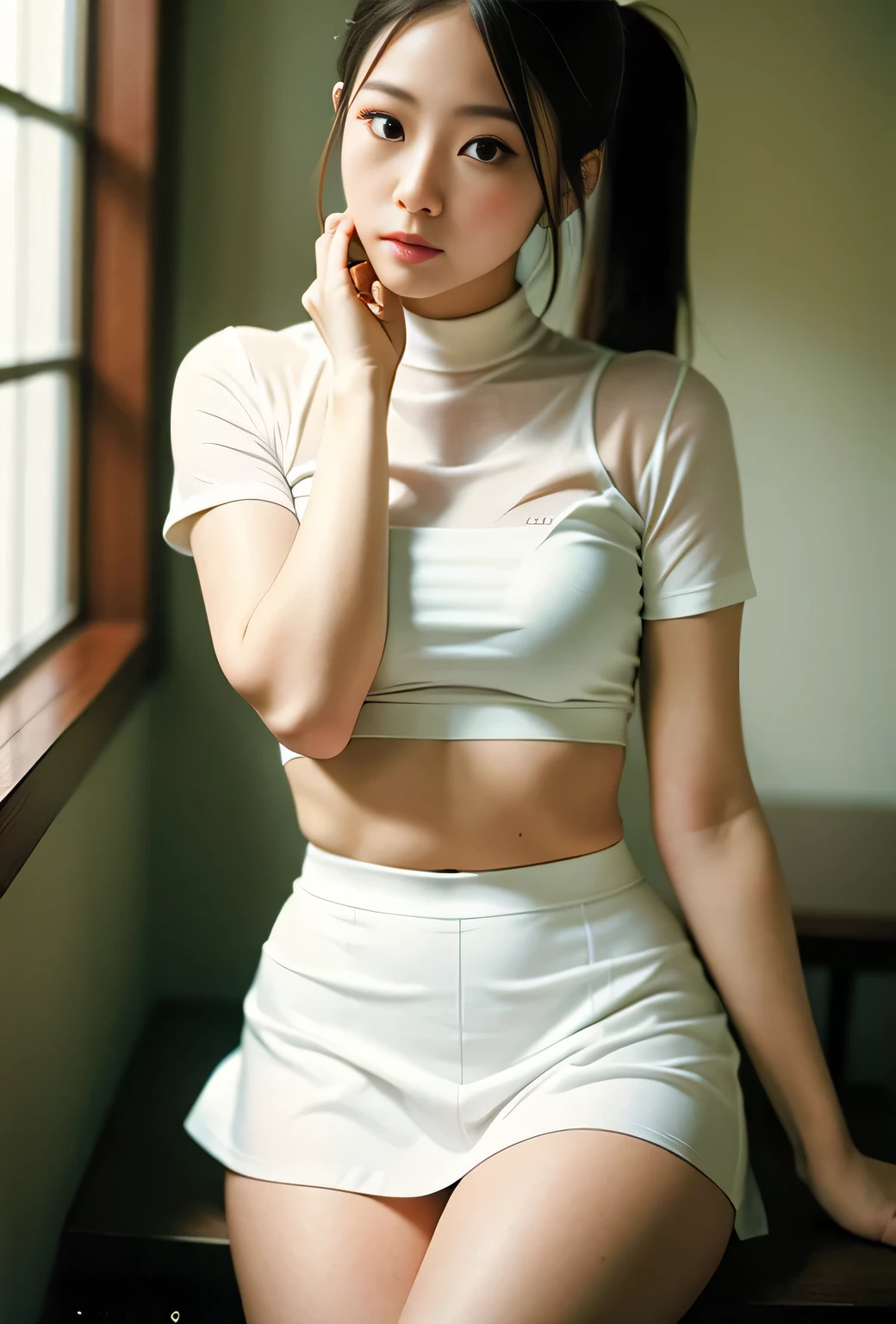 8 talents,,Grey T-shirt,White pants,Flat chest,Nipples,tongue,Drooling,Sweat,Sweat染み,Leg spread,White skin,Thin arms,Soaked,Wet,Black Hair,Short Hair