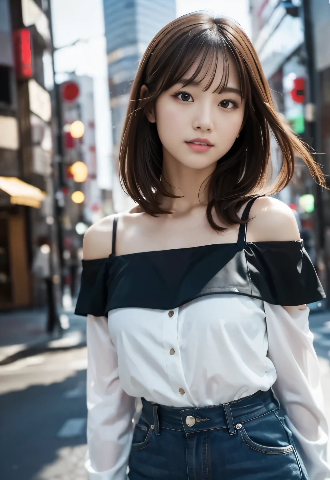 (((City:1.3, drumer,outdoor, Photographed from the front))), ((long hair:1.3, black off shoulder blouse,japanese woman, cute)), (clean, natural makeup), (highest quality, masterpiece:1.3, 超High resolution), (Super detailed, caustics), (realistic:1.4, RAW shooting), very detailed, High resolution, 16K resolution