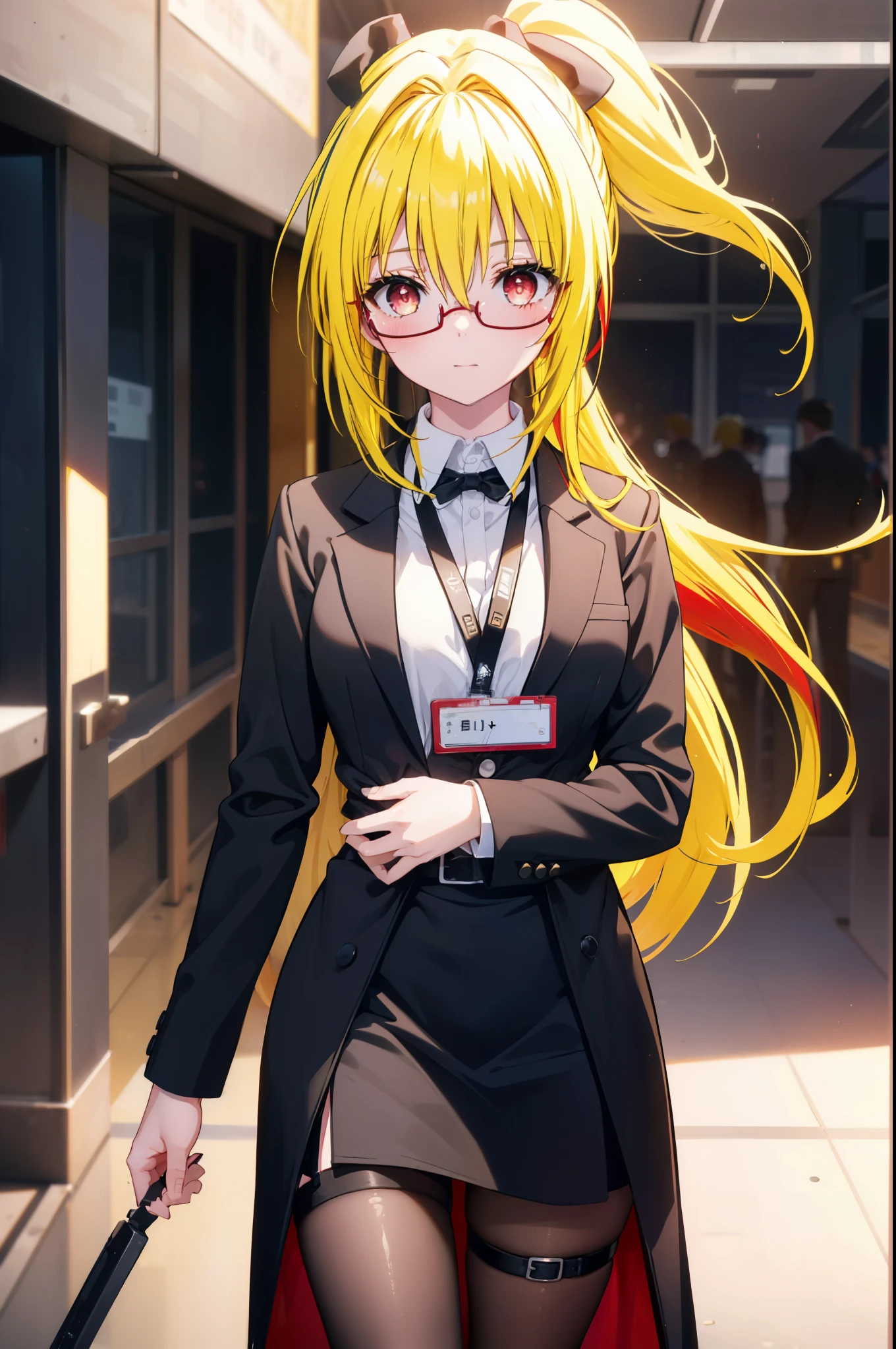 toloverumy, my, (yellow hair:1.5), long hair,low ponytail, (red eyes:1.5), smile,blush,OL, red glasses, end, black suit jacket, collared jacket, white dress shirt, collared shirt, neckline, button, strap, ID card on neck,black pantyhose,stiletto heels,cleavage cutout,So that the whole body goes into the illustration,
break indoors, School corridor,
break looking at viewer, (cowboy shot:1.5),
break (masterpiece:1.2), highest quality, High resolution, unity 8k wallpaper, (figure:0.8), (detailed and beautiful eyes:1.6), highly detailed face, perfect lighting, Very detailed CG, (perfect hands, perfect anatomy),