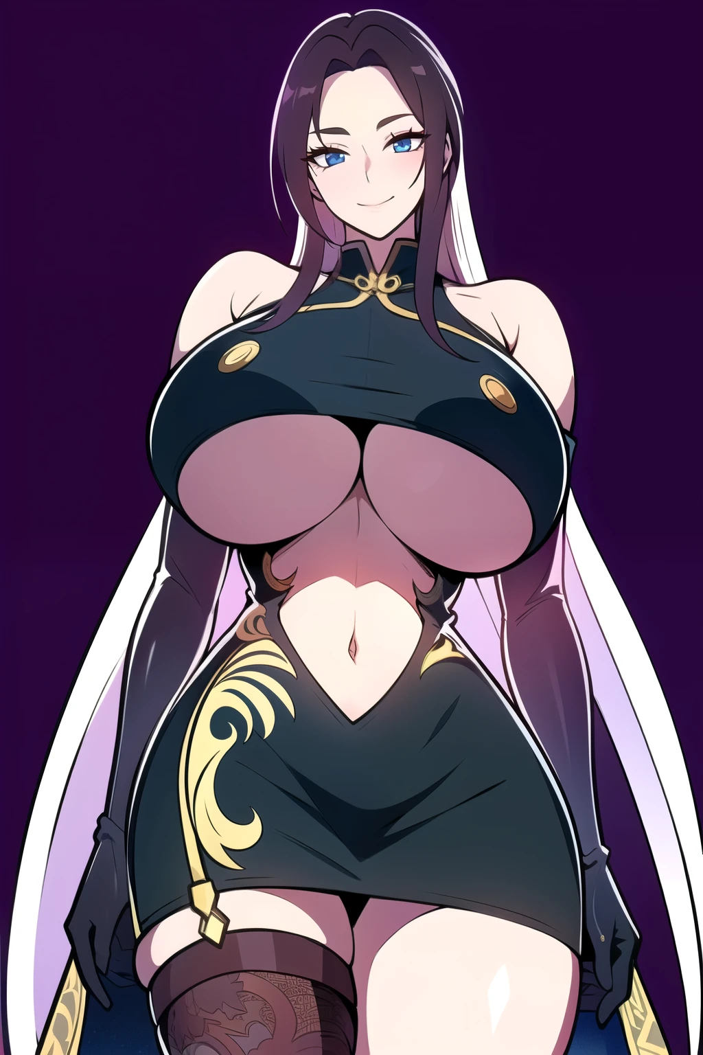 ultra realistic 8k cg, masterpiece, ((ultra detailed background, intricate detail, highly detailed, fine details best quality, hyperdetailed face)), gigantic breasts ,beautiful lighting, absurdres, BoaHancockV2, 1girl, solo, black hair, long hair, jewelry, closed mouth, ), (chinese dress, (underboob : 1.4), elbow gloves, thigh boots, split skirt, bare shoulders, curvy, midriff, curvy, thighs, shiny clothes), blue eyes, complex detailed background, inside, luxury palace), ((cowboy shot)), curvy, (gigantic breasts: 1.1), seductive smile, cowboy shot,