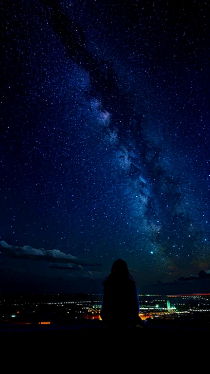 octans, sky, star (sky), scenery, starry sky, night, 1girl, night sky, solo, outdoors, signature, building, cloud, milky way, sitting, tree, long hair, city, silhouette, cityscape