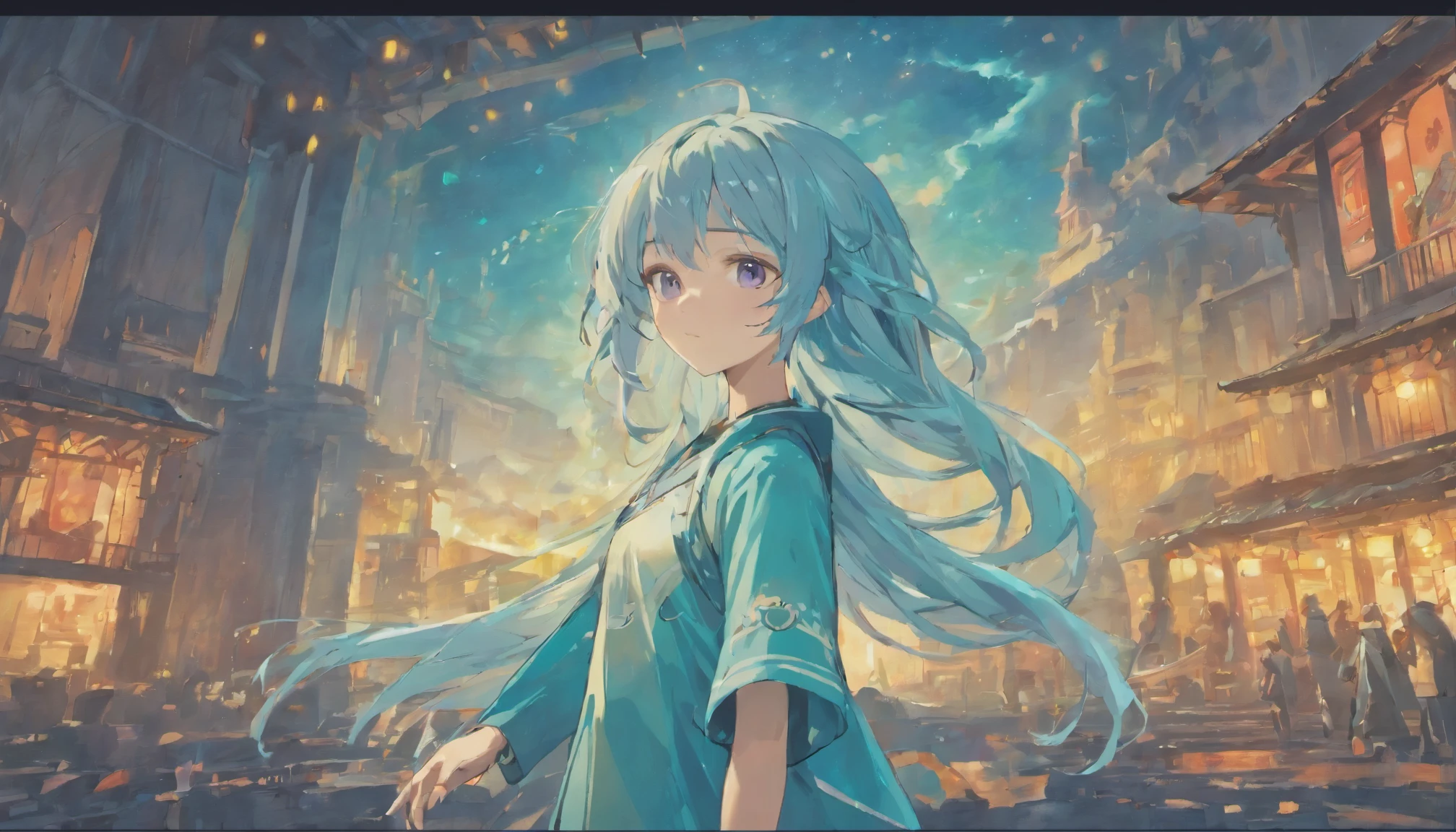Masterpiece. High-resolution. (1girl) about 20 years old. Pretty beautiful girl. Standing pose. Imposing. Pretty big purple eyes. Delicate face. ((Long light blue hair)). Straight hair. Messy hair. Hair bangs. Hair blowing in the wind. ((Turquoise tunic)). ((Purple tide pants)). Leather boots. Greek ruins background with cosmic skies.