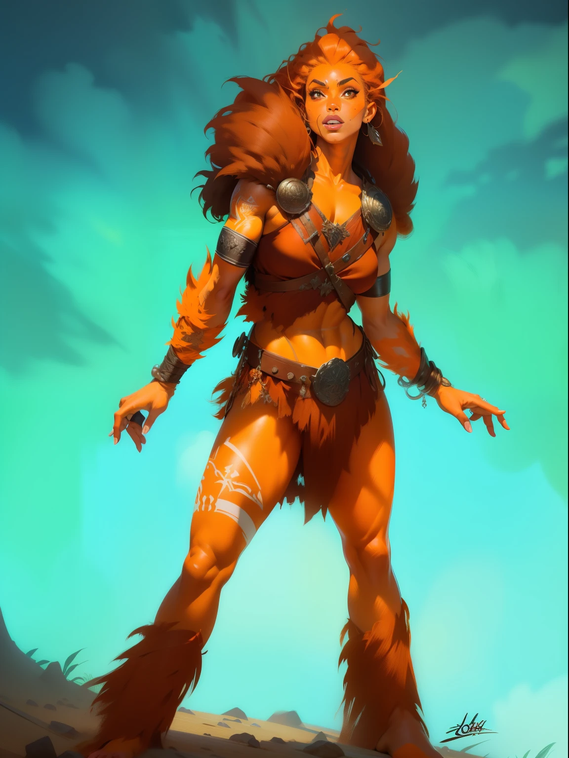 (((mulher))), (((melhor qualidade))), (((obra prima))), (((adulta))), Uma guerreira mulher de 35 anos com corpo perfeito, Brooklyn Gladiators, (( under  )), quase nua no estilo selvagem urbano de Simon Bisley para a capa da revista Heavy Metal, cabelo loiro, Minimum clothing, ((( sexy ))), armadura, cheio de pontas e rebites, tatuagem tribal, (((do joelho pra cima))), cabelo desalinhado, ((orange skin)), ((Orange fur)), super high quality, super high detail, masterpiece, 4k, 8k, HDR, detailed face, beautiful face