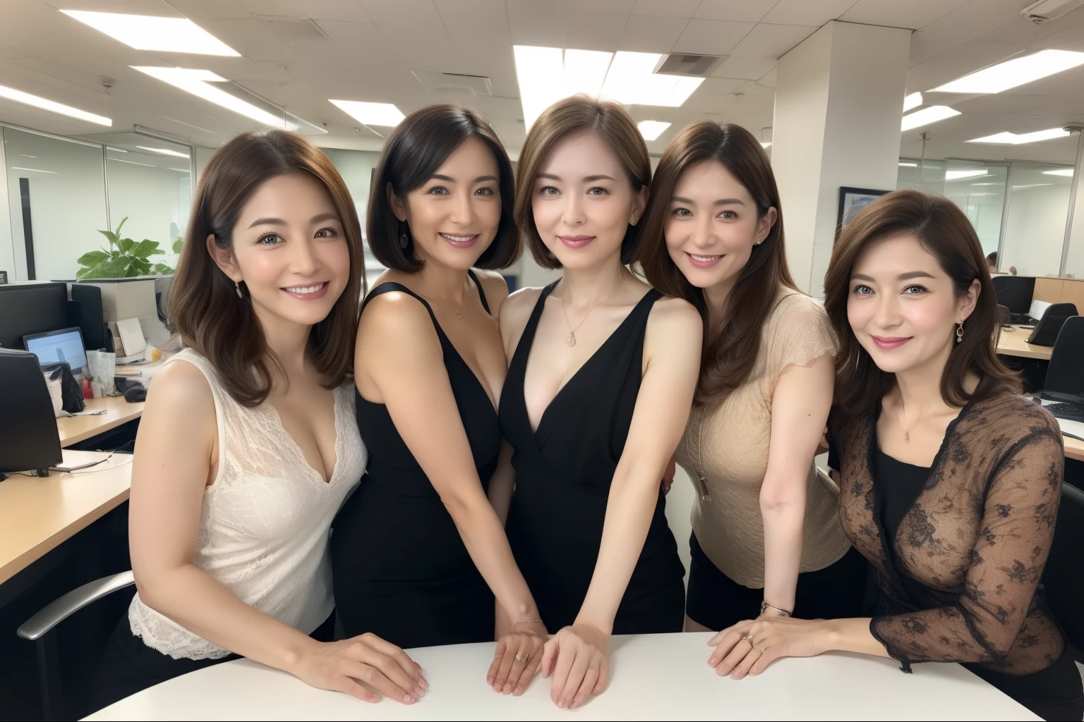 ((highest quality, 8K, Representative works in detail, ultra high resolution)), (Group photo),(looking at the viewer), (full shot:), 5 attractive business women in their 40s, 5 people, fascinating look, colorful sexy lingerie, (sitting at the office desk)), smile, CEO's Office,Beautiful eyes with high bilateral symmetry, (highly detailed eyes:1.4), (high resolution blue eyes:1.1), intimate face, (Super detailed skin texture:1.4), white skin, white skin, perfect anatomy