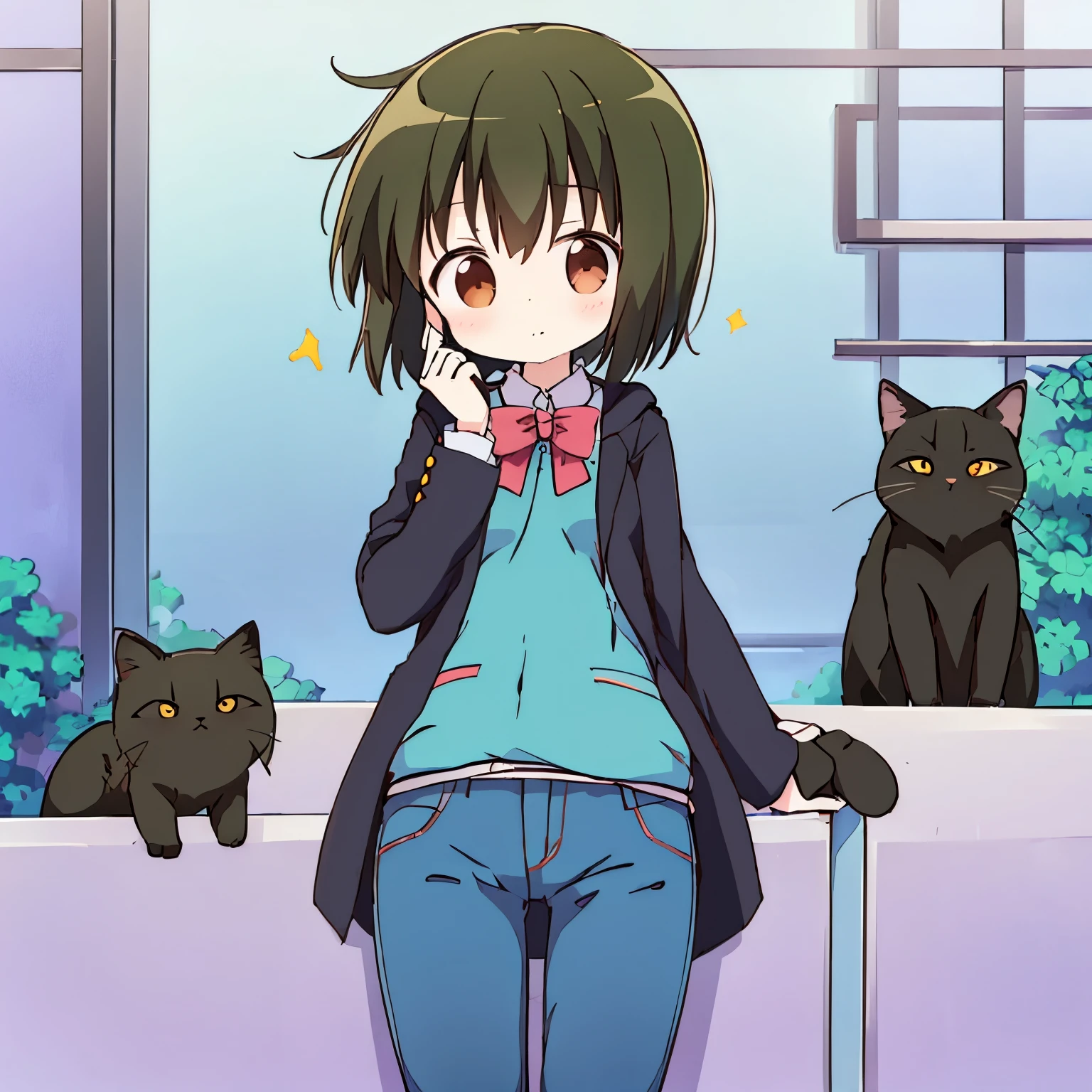 Cute girl, black cat standing on her shoulder, cute pose, girl wear green-blue vest,hoodie, jeans pants