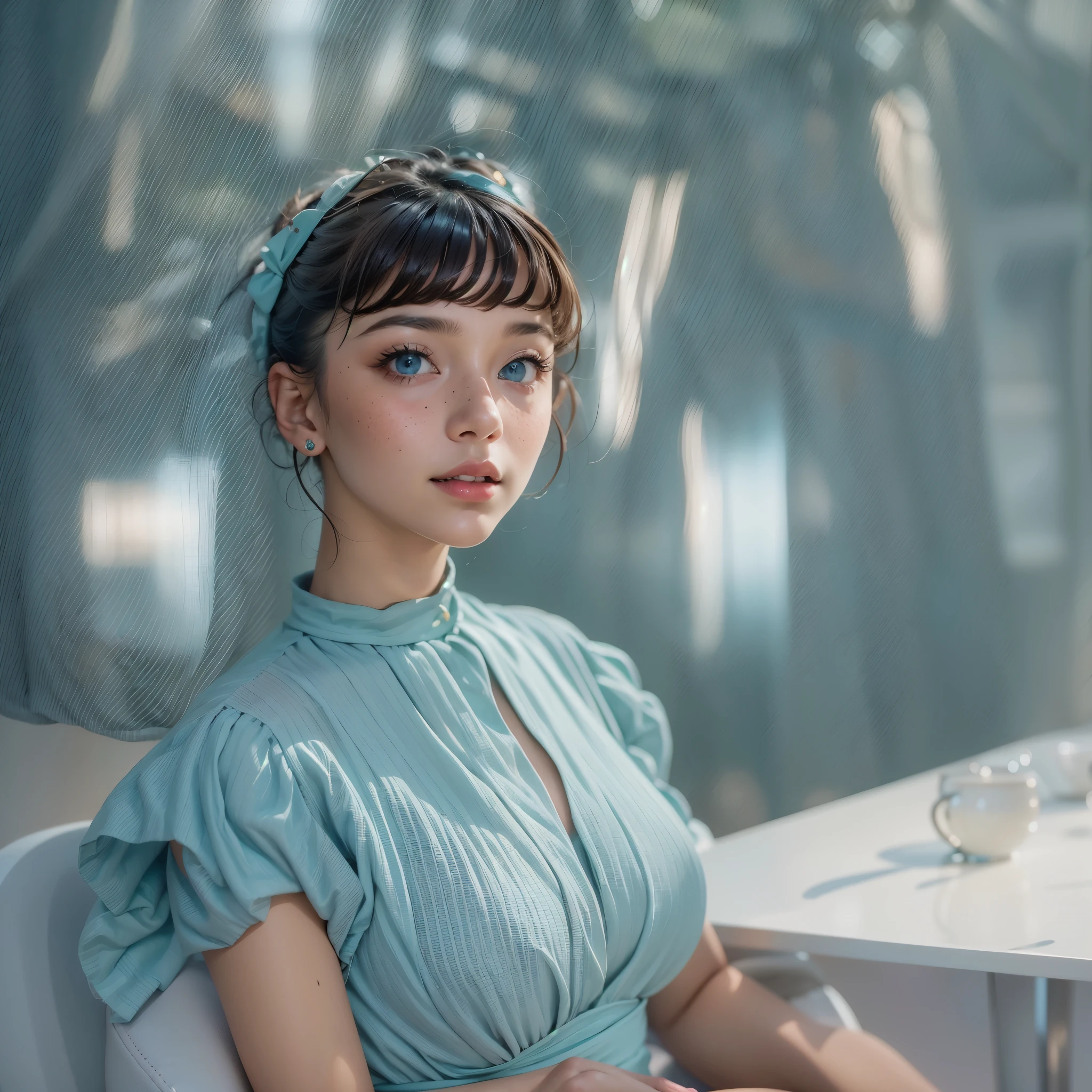 very beautiful, well-groomed girl, With clean skin, normal functions, Beautiful lips, and a slight smile on her face. beautiful figure, modern clothes, cool modern couture dress. presentation background, neutral gray-blue, sitting in a chair, in virtual space. top quality, 16 thousand.. Full HD, Cinematic rendering. Create a work of art, conveying the unique beauty of Michela. Famous digital influencer. Focus on her unique facial expression, when she looks directly at the camera., trying to capture the intensity of her piercing blue eyes. Channel her signature style with a Spanish-style hairstyle., styled with two carefully crafted hairpieces.. Add details, reflecting her charming and avant-garde figure . We took care of that, to convey an aura of modernity and originality, which characterizes Lil Miquela in the digital world. Some freckles and nevi, and short hair, wrapped with tape.