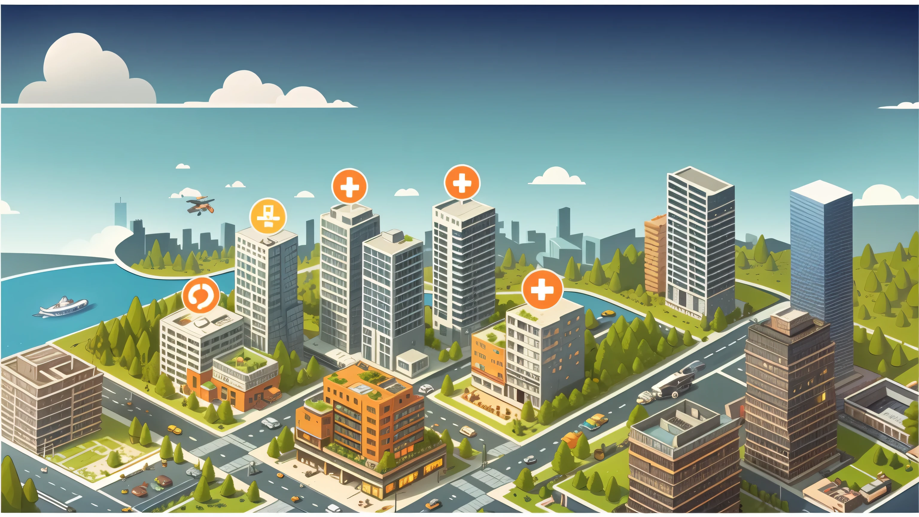 Arafed city with many buildings and a plane flying over it, flat illustration, very detailed illustration, aerial illustration, isometric illustration, technological city in the background, commercial illustration, prerendered isometric graphics, More detailed illustration, Isometric map, escena detallada, isometric aerial view, Distrito de negocios de gran altura, Paisaje urbano moderno, 3d isometric