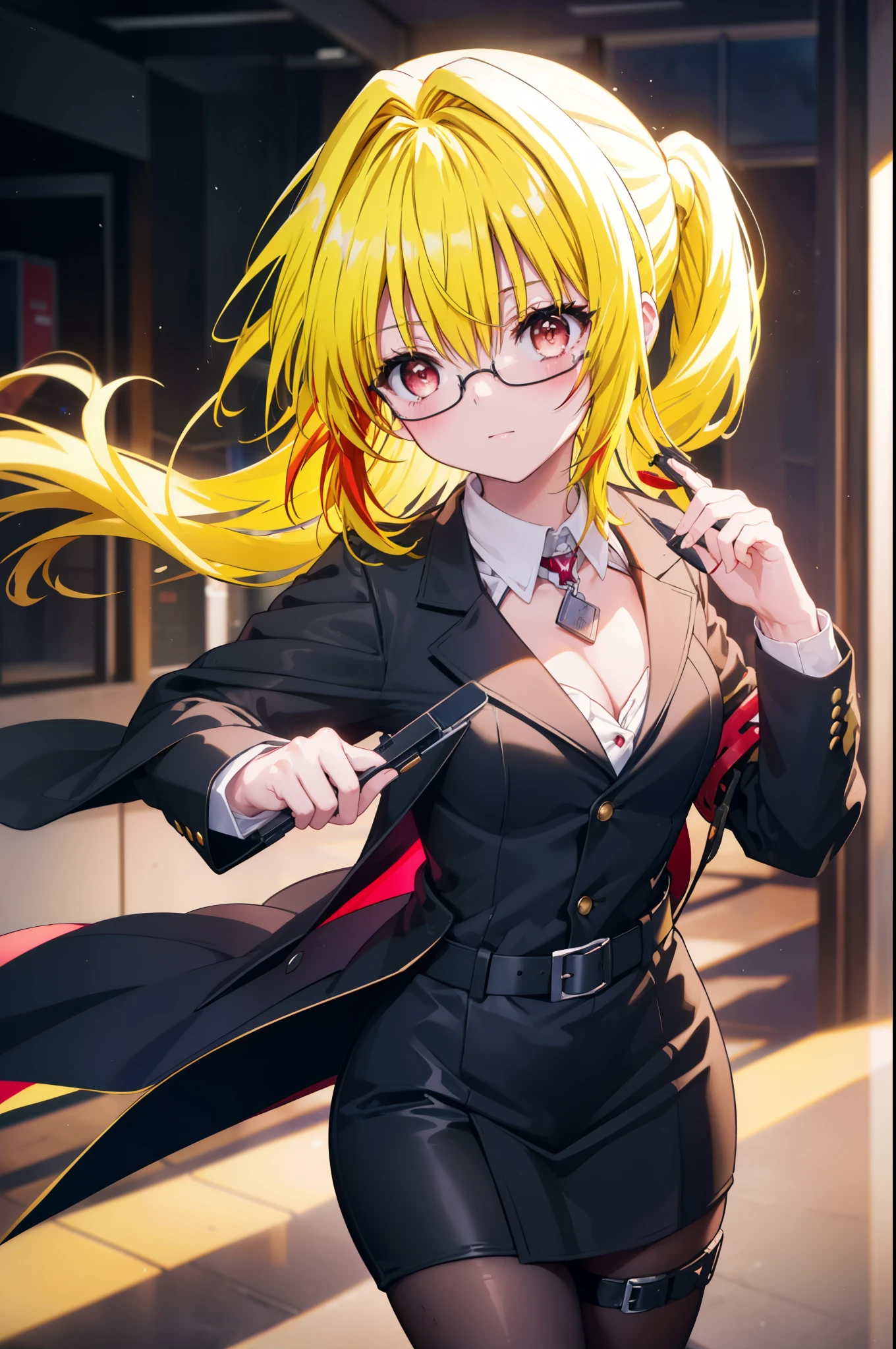toloverumy, my, (yellow hair:1.5), long hair,low ponytail, (red eyes:1.5), smile,blush,OL, red glasses, end, black suit jacket, collared jacket, white dress shirt, collared shirt, neckline, button, strap, ID card on neck,black pantyhose,stiletto heels,cleavage cutout,So that the whole body goes into the illustration,
break indoors, School corridor,
break looking at viewer, (cowboy shot:1.5),
break (masterpiece:1.2), highest quality, High resolution, unity 8k wallpaper, (figure:0.8), (detailed and beautiful eyes:1.6), highly detailed face, perfect lighting, Very detailed CG, (perfect hands, perfect anatomy),