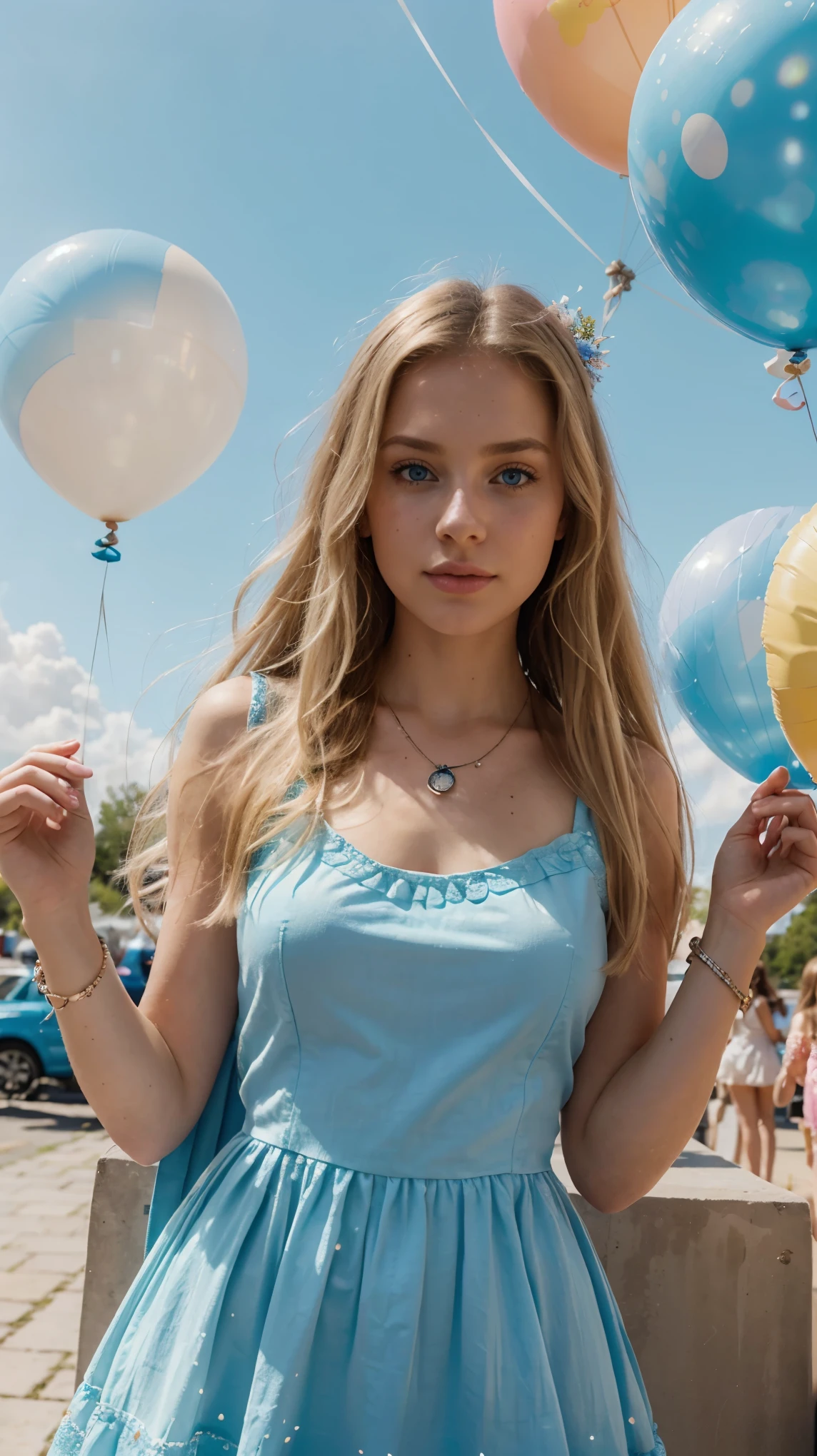 (detailed) perfect face, realistic photo of beautiful woman, blue eyes, piercing eyes, long hair, blond hair, wearing detailed necklace, Polish, influencer, light freckles, big lips,In a whimsical display of color and light, iamsophia stands amidst a dreamy landscape where thousands of balloons fill the morning sky, painting it with vibrant hues. Her signature long, blond hair and sky-blue eyes reflect the joy and wonder of the scene. Dressed in a chic, sleeveless sundress that catches the morning breeze, she extends her detailed and elegant hands upwards, as if to touch the balloons. Around her wrist, a delicate bracelet with charms shaped like miniature balloons glints in the sunlight. This fairytale setting, with iamsophia at its center, evokes a sense of freedom and whimsy, capturing a perfect, fleeting moment of beauty in an enchanted world.