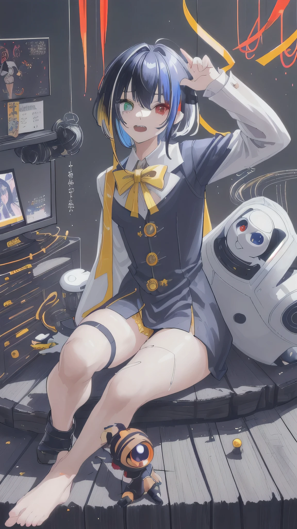 (masterpiece:1.3), (best movie quality), (extremely fine), (Eye on female genitals), (beautiful), (very detailed settings:1), (artistic lighting), (Princess with dark wavy hair), short blue haired, (eye+yellow+red:1.4), (multicolored eye+heterochromia), nameteeth「Nemo」,24-years-old, (People around him say that he is a genius like no other.),wearing cyberpunk clothes, Development of ultra-futuristic SEX technology, The room of an engineer at the cutting edge of scientific research around the year 3200 (robots around)0.4], I am experimenting with a prototype of a masturbation toy myself., (After the end of World War VI、There are very few surviving humans「Nemo」When I look at a man with teeth, I see a white mess coming from his female genitals.々Fresh liquid overflows), (「Nemo」Instead of becoming stronger by overlapping the female genitalia and remote control vibrator、I always climax and squirt),Teeth boasted invincible strength during the Sixth World War.「Nemo」teeth、Teeth was now just a masturbation addict., (lewd), (「Nemo」A thick white mess comes out of the female genitals of々new liquid teeth、It smells so good, sweet like teeth honey.、It also has the power to heal wounds),