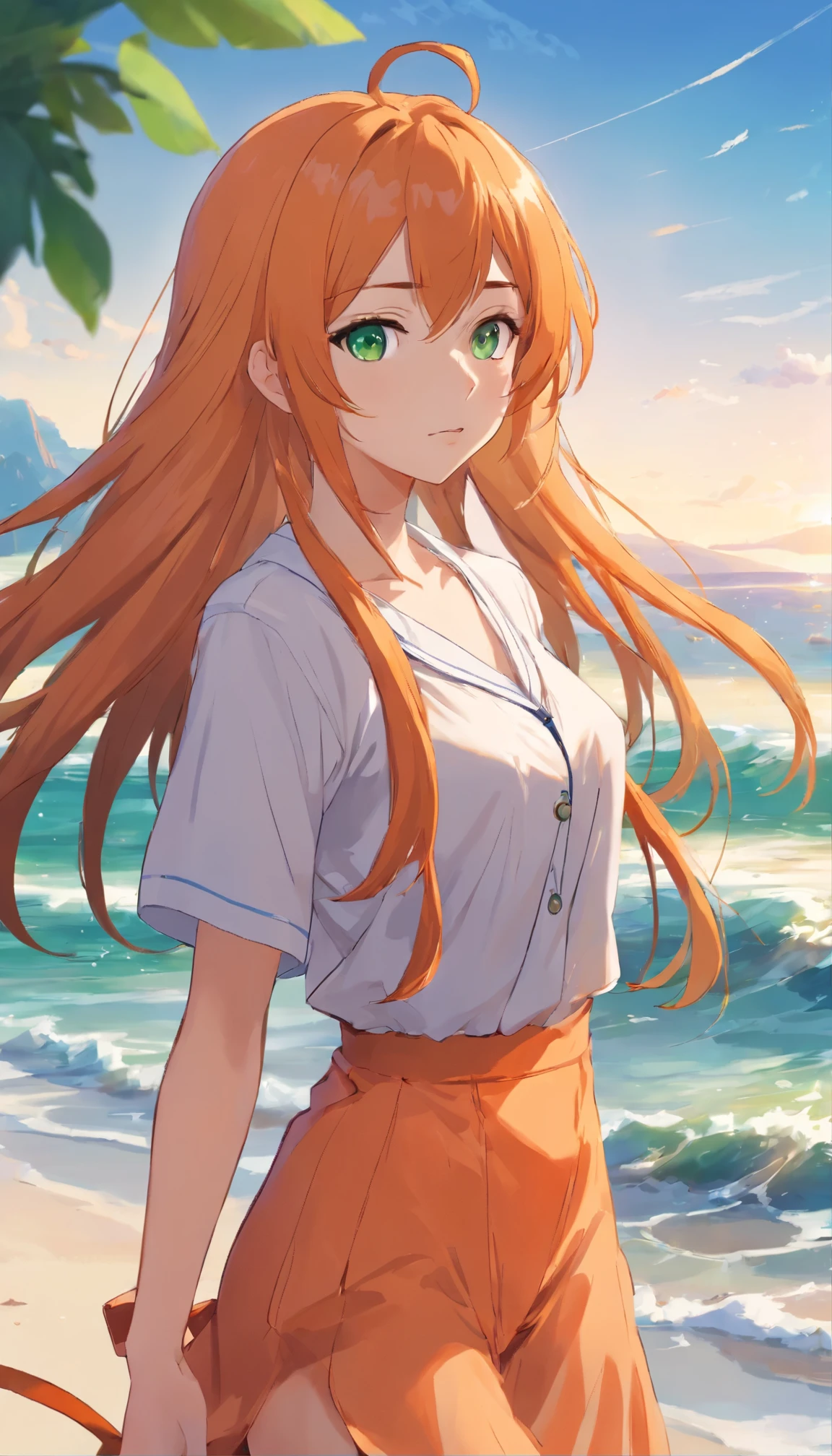 Anime girl with long orange hair, standing on the beach near the ocean, green eyes detailed digital anime art, Anime girl with long hair, гладкое аниме cg art, Anime girl with long hair, digital anime art, work in Guweiz style, Beautiful anime portrait, Photorealistic render of an anime girl, Beautiful anime girl, advanced digital anime art, guweiz на artstation pixiv HD UHD HQ