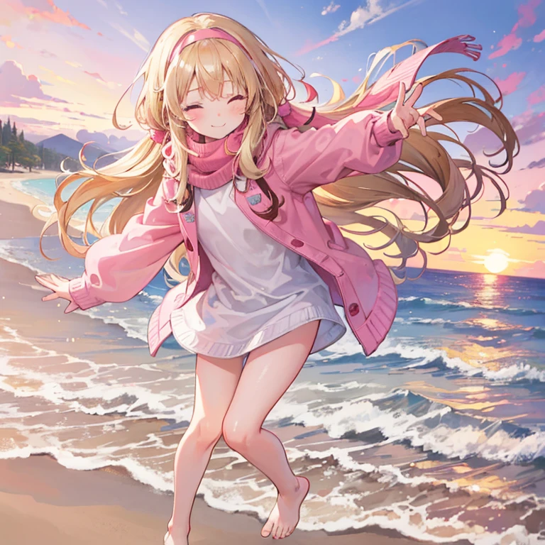 a cute 6 year old church girl named Anna, both brownish blonde hair, long wavy hair, pink white sweater, scarf, no pants, wearing a pink hairband, near the beach, eyes closed, sunset, slight smile, wristbands, barefoot, joyful, energetic 