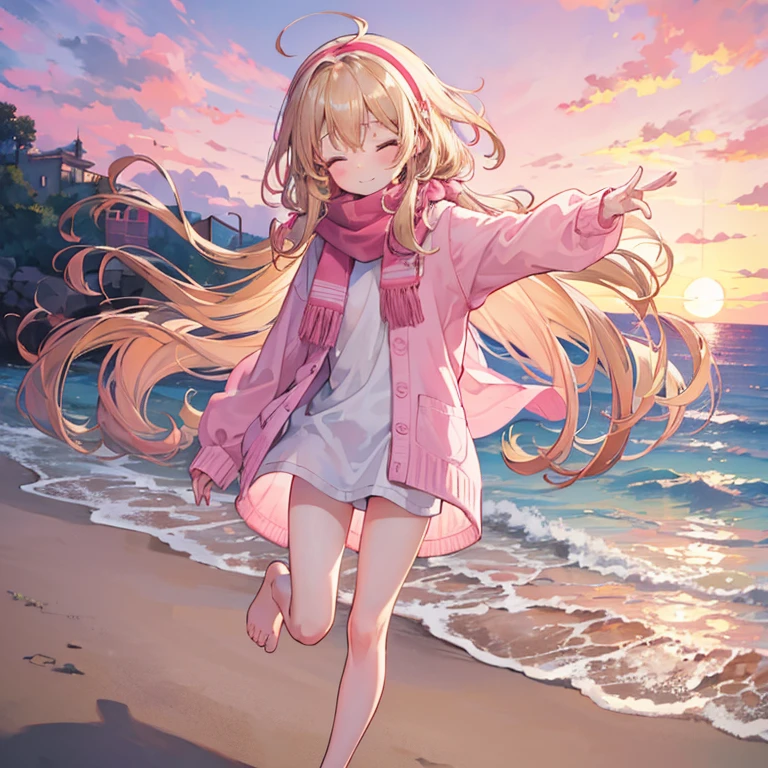 a cute 6 year old church girl named Anna, both brownish blonde hair, long wavy hair, pink white sweater, scarf, no pants, wearing a pink hairband, near the beach, eyes closed, sunset, slight smile, wristbands, barefoot, joyful, energetic 