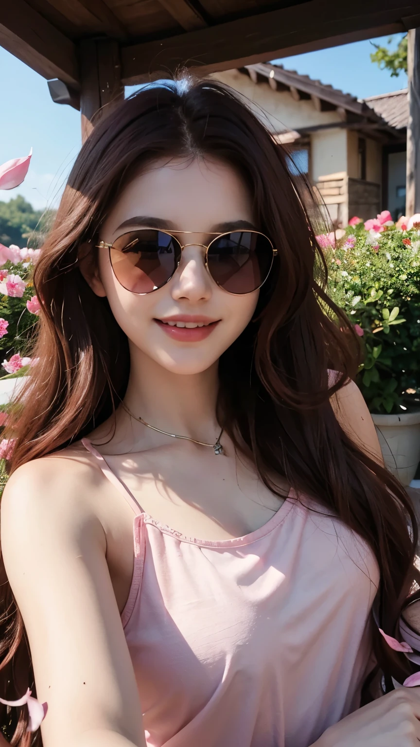 beautiful girl about , long wavy brownish red hair, wearing a , cool, black sunglasses, surrounded by pink petals, selfie pose, smiling (best quality, high-res, realistic) with vibrant colors and soft lighting, capturing the serene and tranquil atmosphere of the scene.