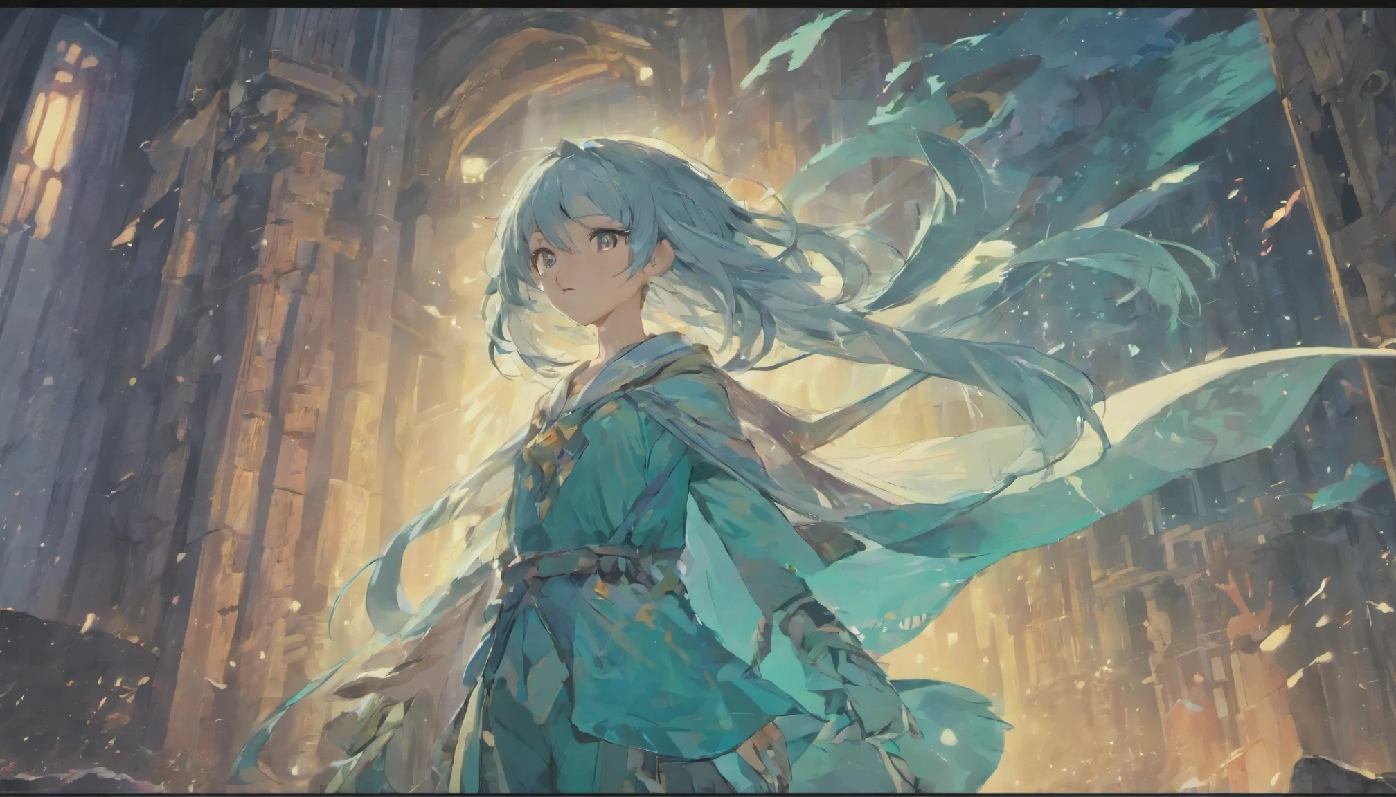 Masterpiece. High-resolution. (1girl) about 20 years old. Pretty beautiful girl. Standing pose. Imposing. Pretty big purple eyes. Delicate face. ((Long light blue hair)). Straight hair. Messy hair. Hair bangs. Hair blowing in the wind. ((Turquoise tunic)). ((Purple tide pants)). Leather boots. Greek ruins background with cosmic skies.