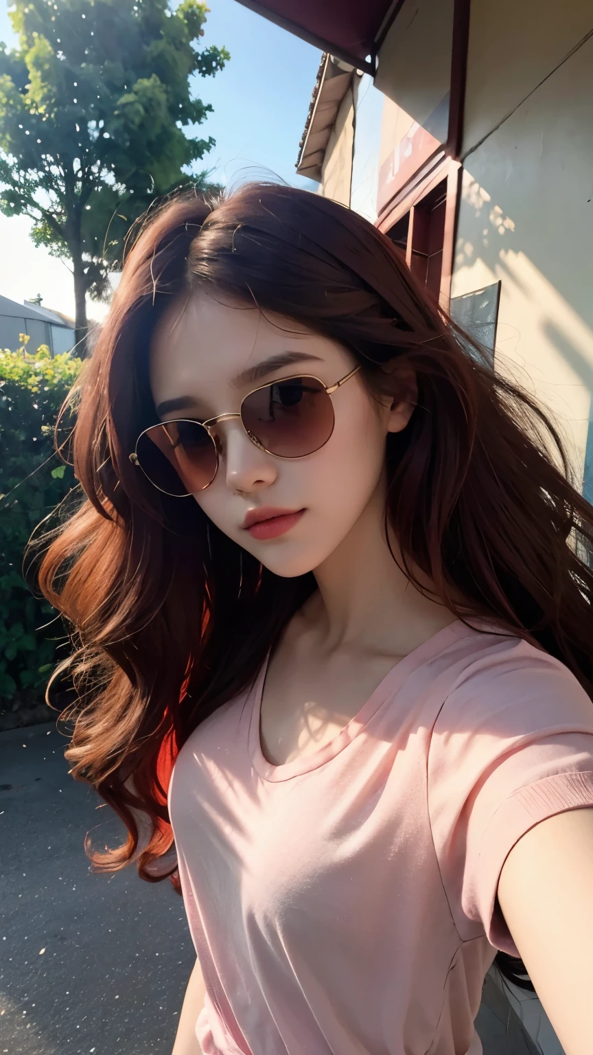 beautiful girl about 17 years old, long wavy brownish red hair, wearing a , cool, dark black sunglasses, surrounded by pink petals, selfie pose, (best quality, high-res, realistic) with vibrant colors and soft lighting, capturing the serene and tranquil atmosphere of the scene.
