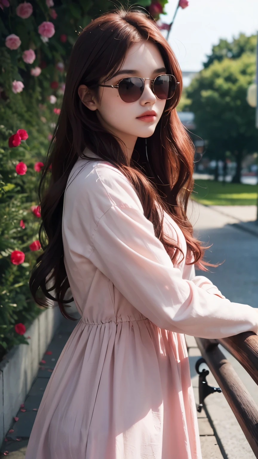 beautiful girl about , long wavy brownish red hair, wearing a , cool, dark black sunglasses, surrounded by pink petals, selfie pose, (best quality, high-res, realistic) with vibrant colors and soft lighting, capturing the serene and tranquil atmosphere of the scene.