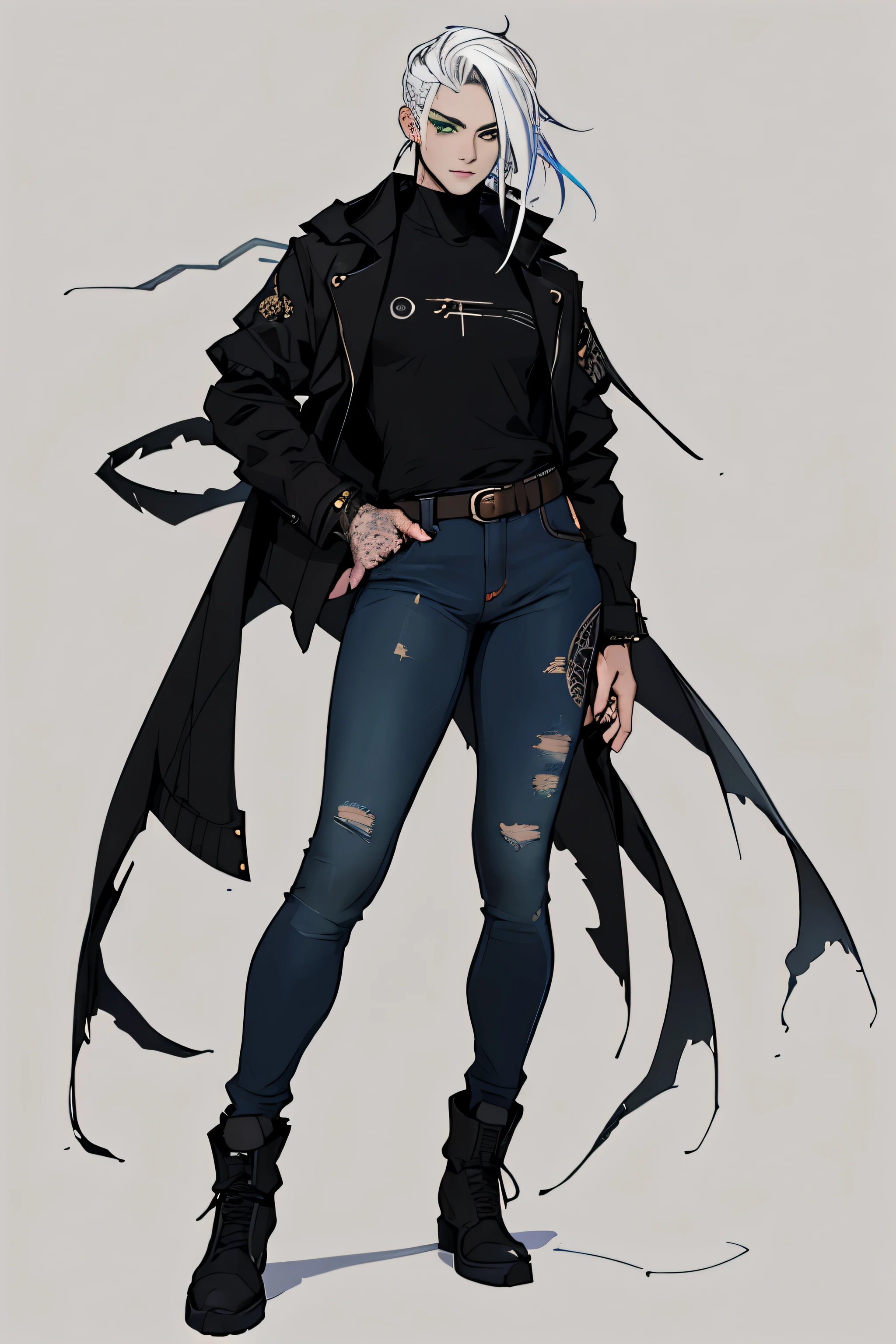 1 girl, Sidecut hair, jinx arcane hair, Sidecut hair, ager, hyper realistic hands, detailed hyper realistic eyes, rock jacket, jeans, black clothing, white hair, light background, full body, long hair, teen, tribal tattoo, colorful parts, sketchbook, hand drawn hand, symbols, dark, bold, realistic sketch, sketch, mixing dark lines and loose lines, bold lines, on paper, turn on character sheet, human woman, green eyes, full body, elegant pose, lots of details, stylish outfit, symbols, runes, dark theme, black shirt, beautiful, pretty, modest