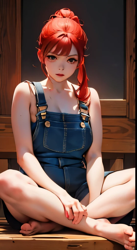 girl, sitting cross-legged, naked overalls, Red hair, pigtails, american style house, on the wood deck, bright daytime, masterpiece, very delicate, very detailed, Artistic, highest quality, Highest image quality