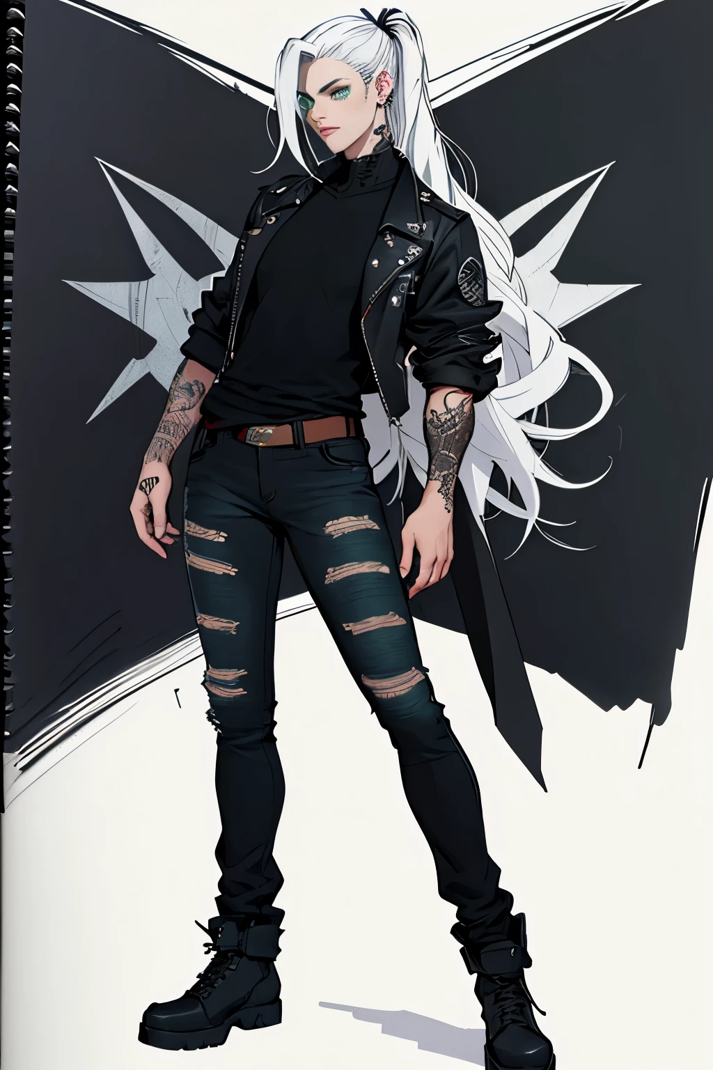 1 girl, Sidecut hair, jinx arcane hair, Sidecut hair, teenager, hyper realistic hands, detailed hyper realistic eyes, rock jacket, jeans, black clothing, white hair, light background, full body, long hair, teenager, tribal tattoo, colorful parts, sketchbook, hand drawn hand, symbols, dark, bold, realistic sketch, sketch, mixing dark lines and loose lines, bold lines, on paper, turn on character sheet, human woman, green eyes, full body, elegant pose, lots of details, stylish outfit, symbols, runes, dark theme, black shirt, beautiful, pretty, modest