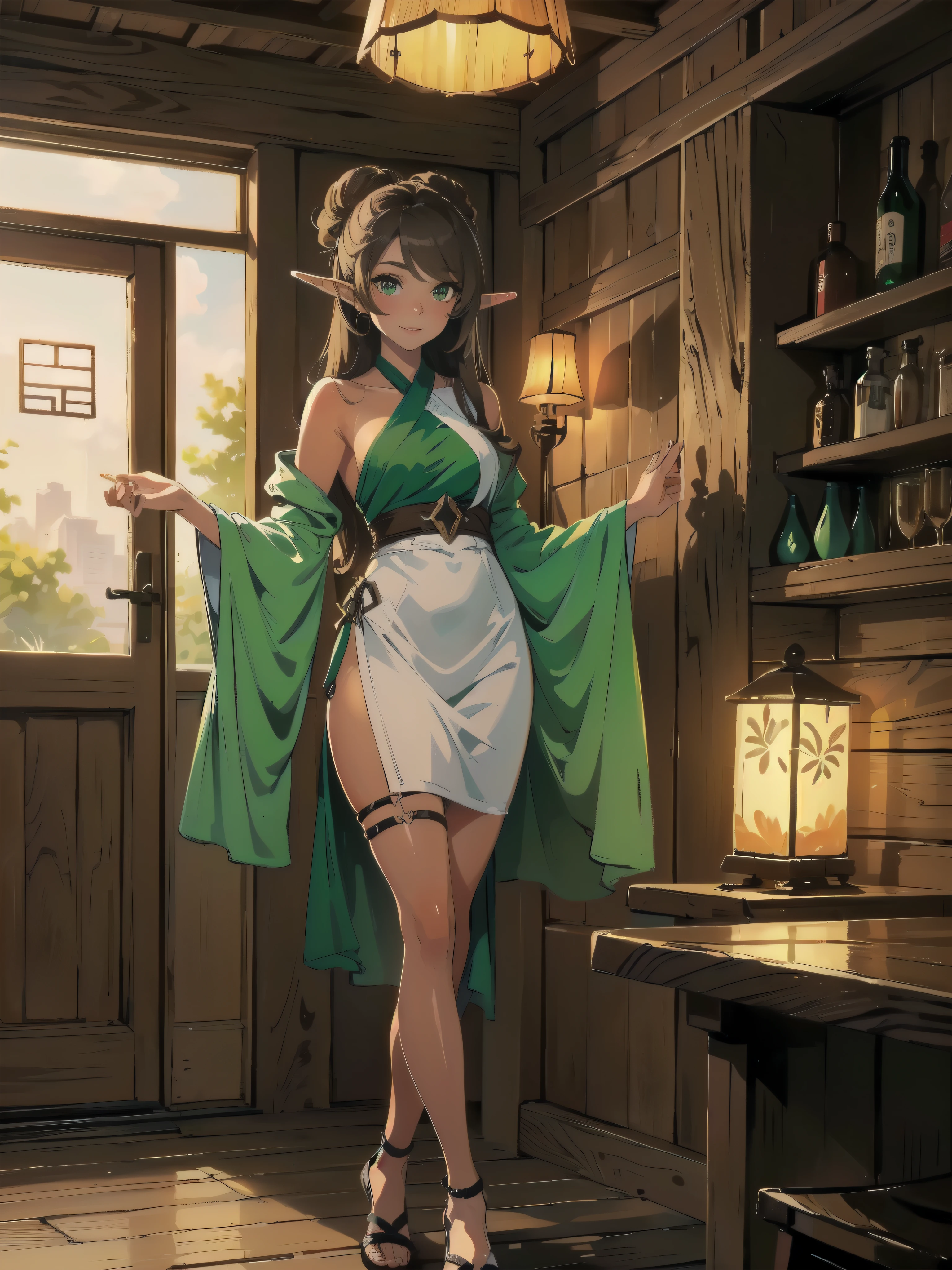 masterpiece, high quality, illustration, extremely detailed, cg unity 8k, ((summer: 1.4)), 1_women, (full body) (tan exotic skin_complexion:1.4), mature, statuesque, beautiful, exotic, with long elf ears, smiling, (((looking away from viewer))), medium breast, thigh gap, holding coffee cup, (wearing ((green)) diaphanous robes), white blackless halter top dress, bare_shoulders, (((long brown hair))), ((twin hair buns)), detailed face having (((hazel eyes)), dark_eyeliner, long_eyelashes), natural dynamic lighting casts detailed shadows, inside rustic tavern, at tavern bar, lanterns on walls,