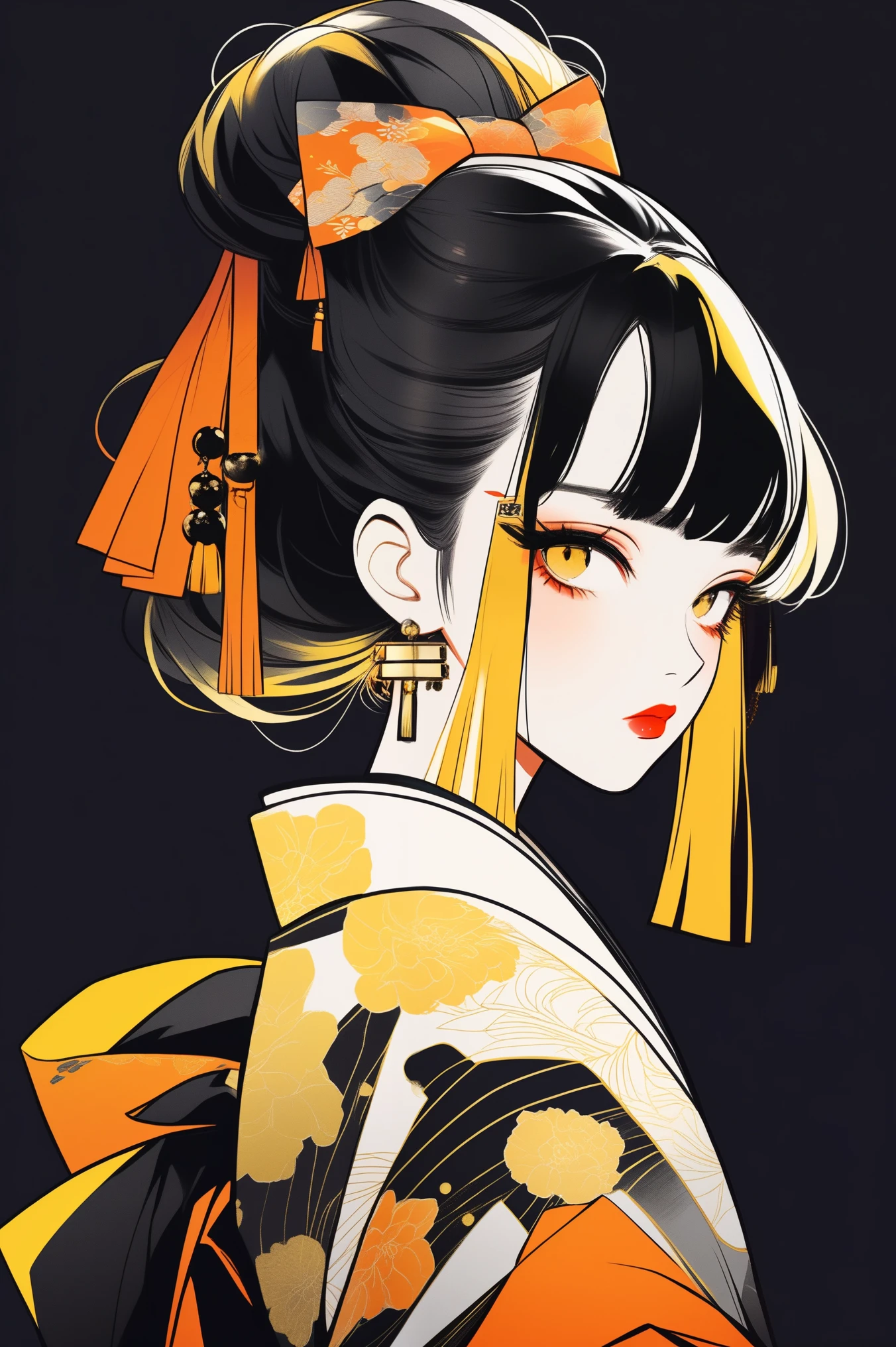 (best quality, sketch:1.2),realistic,illustrator,anime,1 girl, detailed lips, kimono,custom, black and gold gradient background,neon hair,textured cropping, masterpiece, style retro classic, noir style 