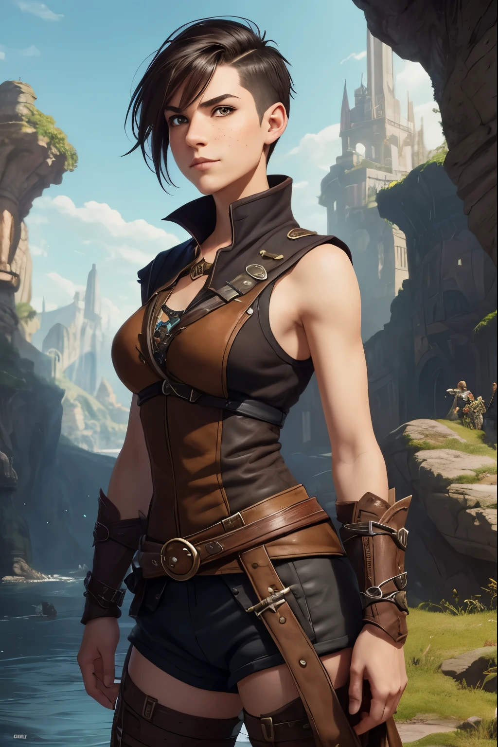 A happy young woman with an undercut in a fantasy setting. An adventurer and a rogue. Very androgynous looking. In a good mood. Sympathic. Tomboyish. Androgynous. Slim body. Very . Very small breasts. Wide hips. Thick legs. Face: Extremly pale skin with liverspots and freckles. Soft narrow face with a round chin. Soft small jaw. Big forehead. Very thin barely visible eyebrows. Upturned big dark-brown eyes. Dark-brown eyecolour. Very long and wide nose. Big curved lips. Very short dark-brown hair. A boyish short haircut. Undercut. Sides shaved. A tight fantasy outfit of a lonley adventurer and rogue with a tank top. Background: A colorful and vast huge fantasy renaissance city. Beutiful bright colours. A vast medieval fantasy metropolis.
