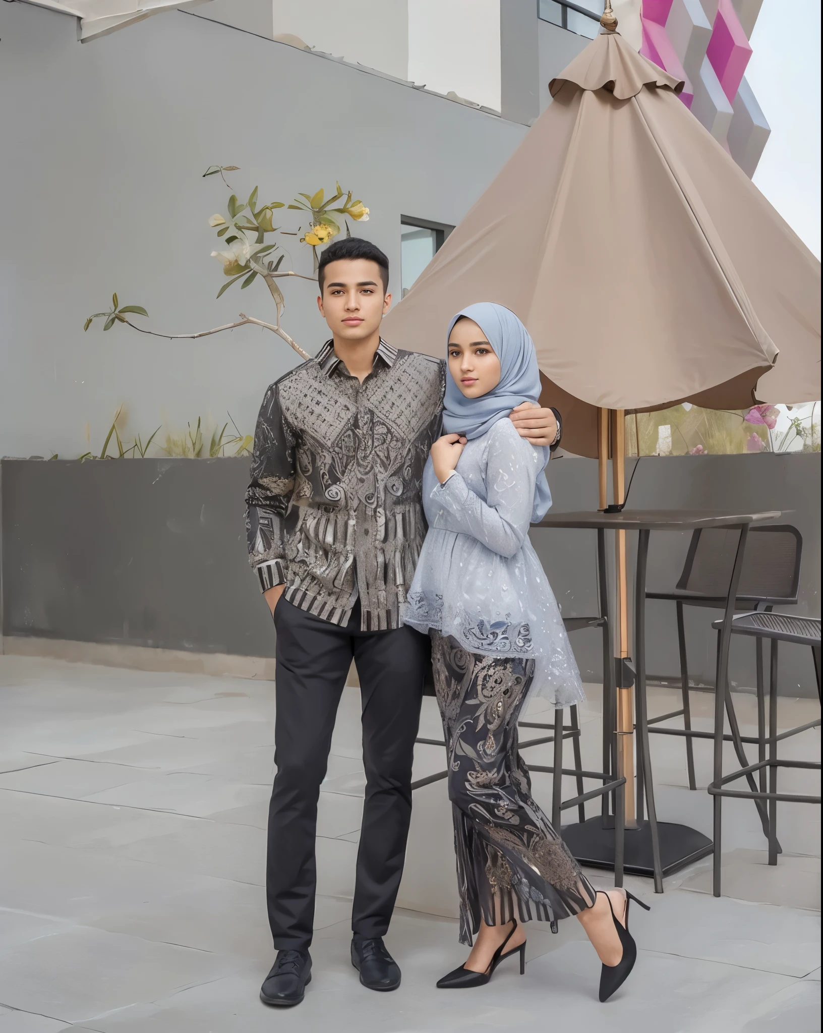 Best quality, high resolution, (masterpiece: 1.3), 1 man and 1 girl, man handsome, girl cute, girl hijab, detailed face features, at noon, Great lighting, great sunlight, Bright colors, Ultra realistic clean lines, very realistic,