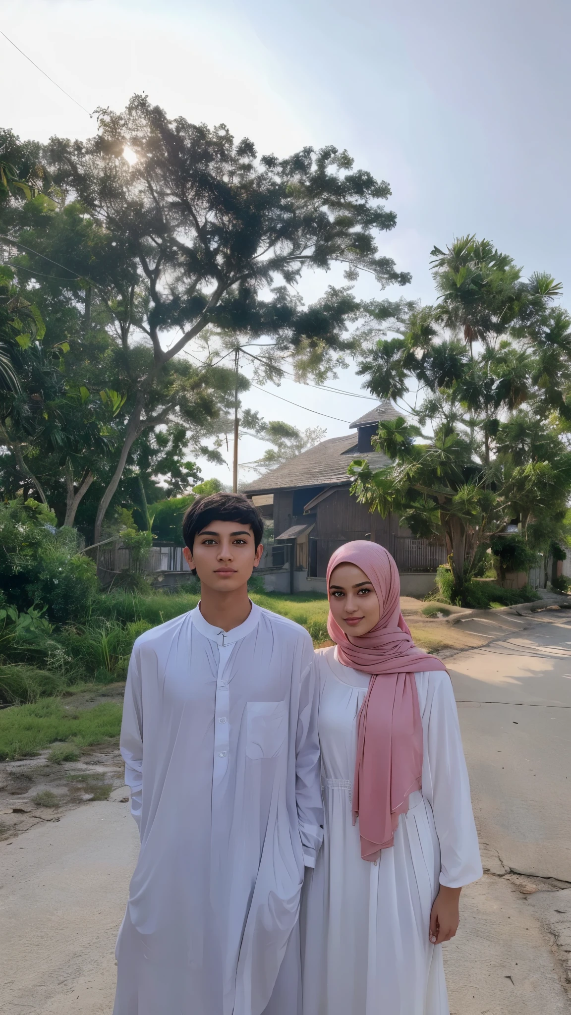 Best quality, high resolution, (masterpiece: 1.3), 1 man and 1girl, man short hair, girl hijab no hair seen, soft smile, detailed face features, at noon, Great lighting, great sunlight, Bright colors, Ultra realistic clean lines, very realistic