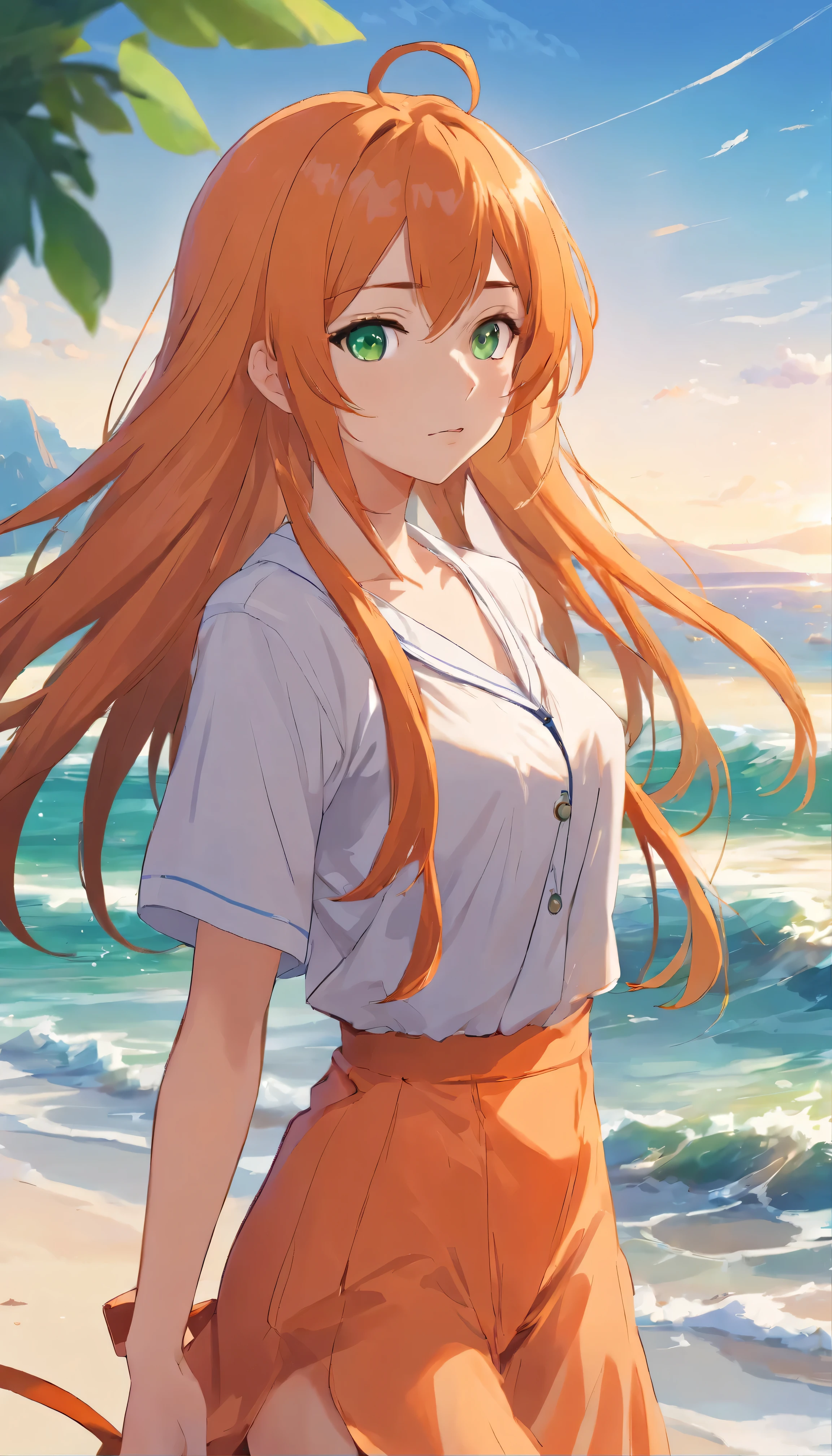 Anime girl with long orange hair, standing on the beach near the ocean, green eyes detailed digital anime art, Anime girl with long hair, гладкое аниме cg art, Anime girl with long hair, digital anime art, work in Guweiz style, Beautiful anime portrait, Photorealistic render of an anime girl, Beautiful anime girl, advanced digital anime art, guweiz на artstation pixiv HD UHD HQ