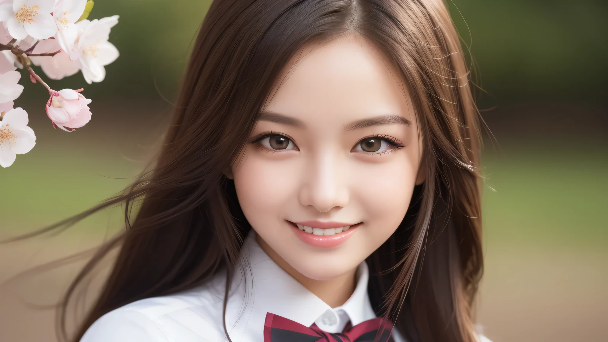 1girl, (Best Quality:1.4), (Ultra-detailed), (extremely detailed beautiful face), Amazing face and eyes, (long hair), cute smile, brown eyes, (highly detailed Beautiful face), (high school uniform:1.2), (extremely detailed CG unified 8k wallpaper), Highly detailed, High-definition raw color photos, Professional Photography, Realistic portrait, evening, Extremely high resolution, smiling, cherry blossoms,