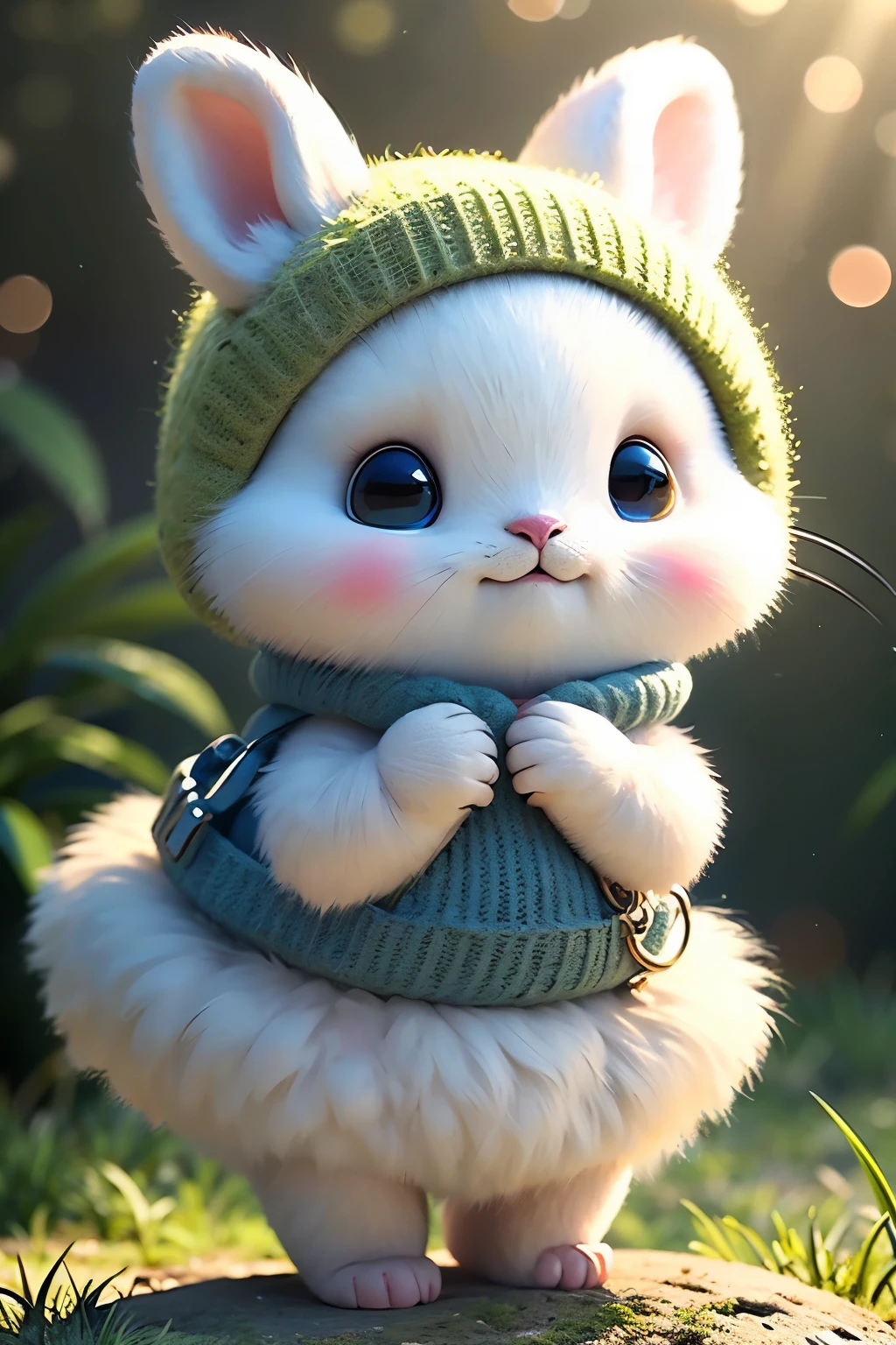 A rainbow-colored rabbit hops skillfully through the lush, verdant grassland, its paws clad in soft, fur-lined paws delicately clutching a basket filled with colorful eggs. With nimble grace and boundless agility, it digs small, intricate holes in the soft, well-watered earth, using its powerful hind legs to expertly conceal each precious egg in a secret, hidden nest. Its fluffy, rainbow-hued fur shimmers in the gentle sunlight, reflecting a spectrum of radiant colors, while its alert eyes dart cautiously around, scanning the surroundings for any potential threats. Huddled in the protective