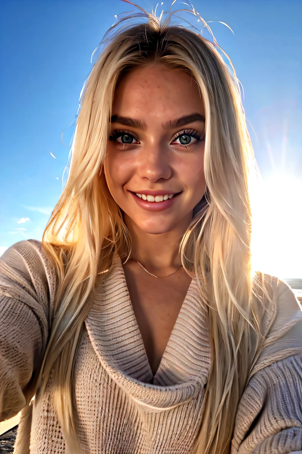 moody instagram photo, lower body photo of 18 year old female, from below, dressed in long oversized sweater, t, blonde hair, color gradient, bright tips of hair, sun-kissed skin, happy, cute smile, beautiful hazelnut eyes, hard shadows, dark, nighttime, overexposed filter, silhouetted against the bright light