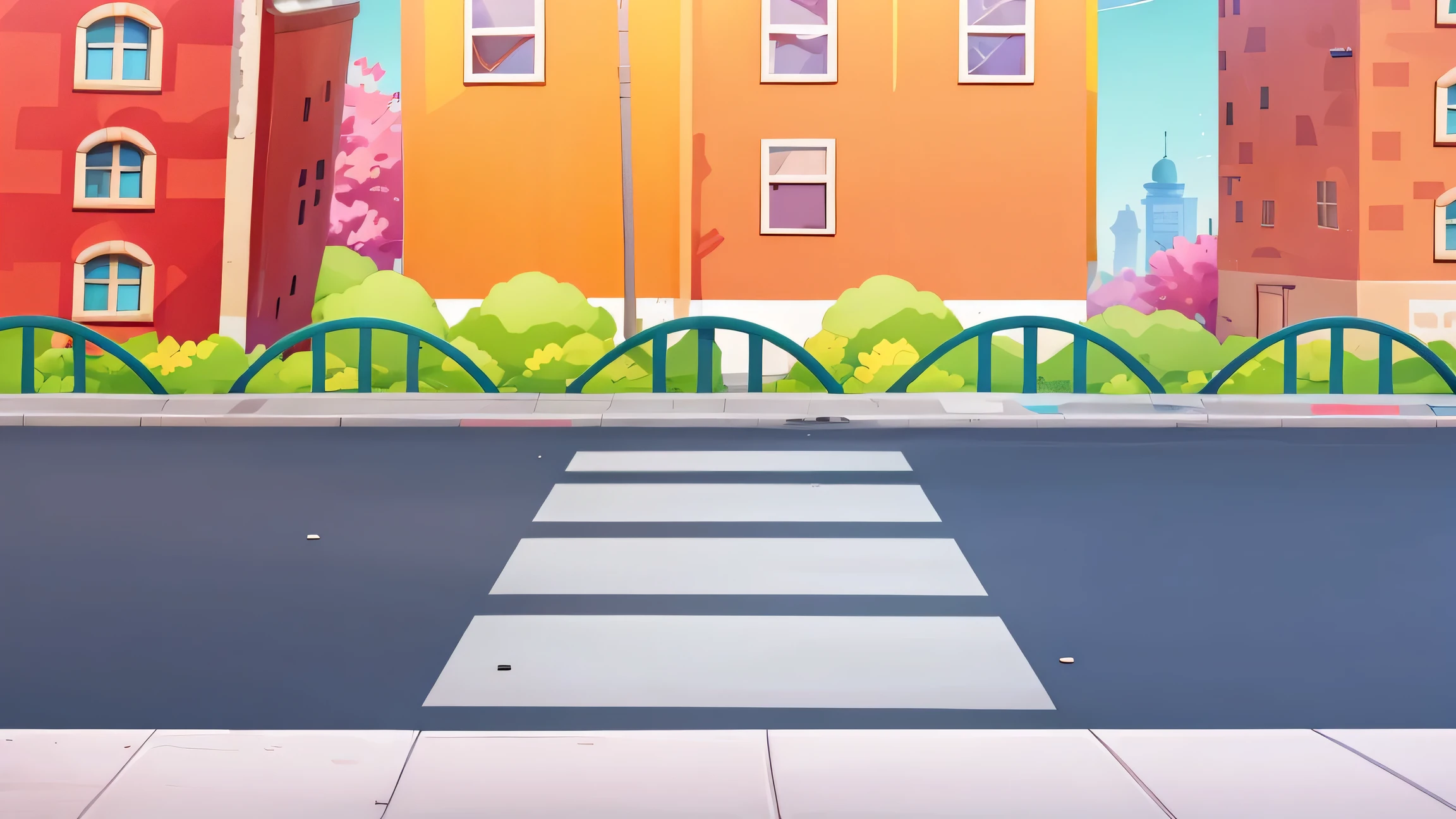 cartoon city street with a bridge and buildings in the background, city street view background, street background, mobile game background, random background scene, background art, town center background, 2 d game art background, 2d game background, town background, city street, park background, crosswalk, crossing road, background artwork, city background, grimy streets backdrop