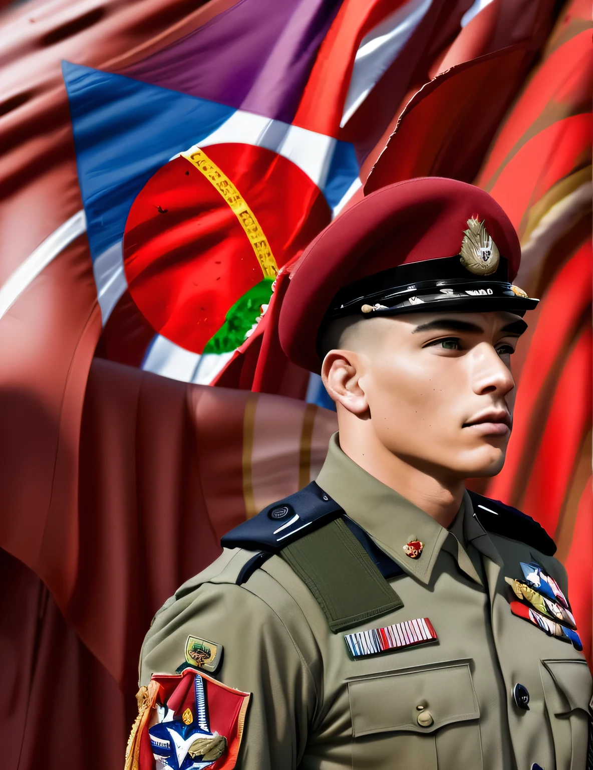 (soldier:1.1, army, behind, red brazilian flag), [detailed], (best quality, ultra-detailed, realistic:1.37), (vivid colors, highres), military uniform, salute, standing tall, determined expression, patriotic, strength, valor, honor, bravery, marching, national pride, emblem, emblematic, strong posture, sharp focus, studio lighting, powerful composition, vibrant red, flag waving, unity, sovereignty, allegiance, patriotic duty, national anthem, devotion, dedication, military precision, faithful, disciplined, resolute, compliant, allegiance to the flag.