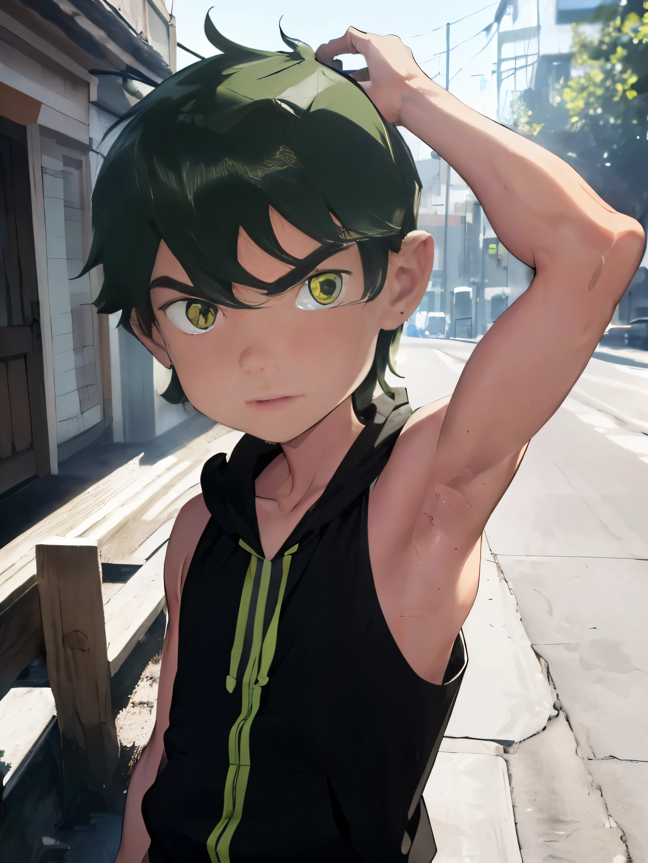 Highres, Masterpiece, Best quality at best,Best Quality,hight quality, hight detailed, 1boy, bentennyson, green eyes, Sleeveless hoodie, Sweat, (showing armpit:1.3), upper body, the day, summer